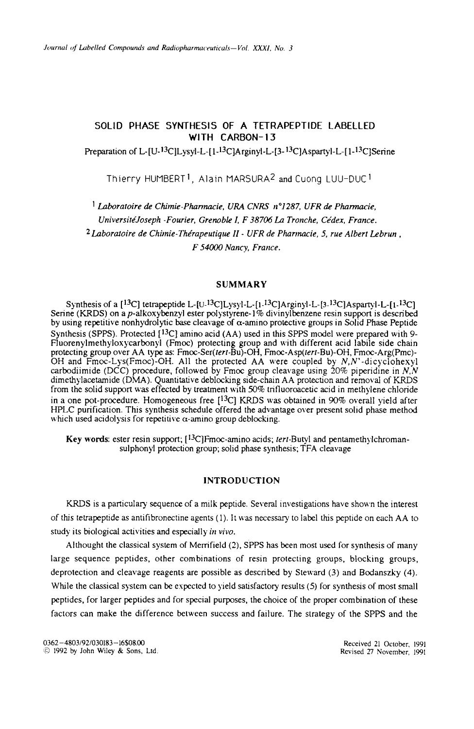 Solid phase synthesis of a tetrapeptide labelled with Carbon-13. Preparation of L-[U-13C]lysyl-L-[1-13C]arginyl-L-[3-13C]asparyl-L-[1-13C]serine by Unknown