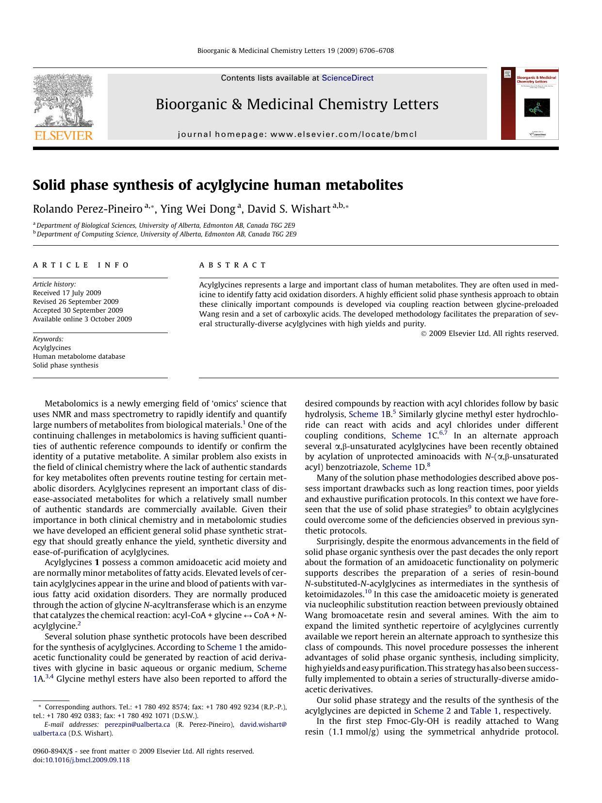 Solid phase synthesis of acylglycine human metabolites by Rolando Perez-Pineiro; Ying Wei Dong; David S. Wishart