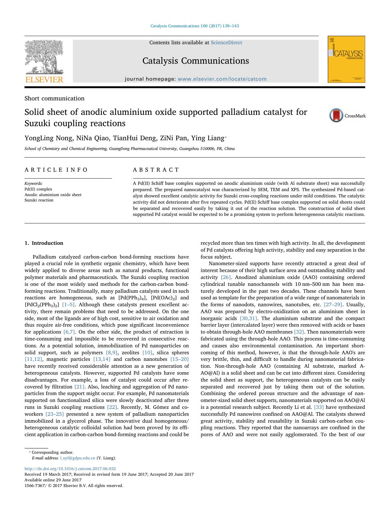 Solid sheet of anodic aluminium oxide supported palladium catalyst for Suzuki coupling reactions by YongLing Nong & NiNa Qiao & TianHui Deng & ZiNi Pan & Ying Liang