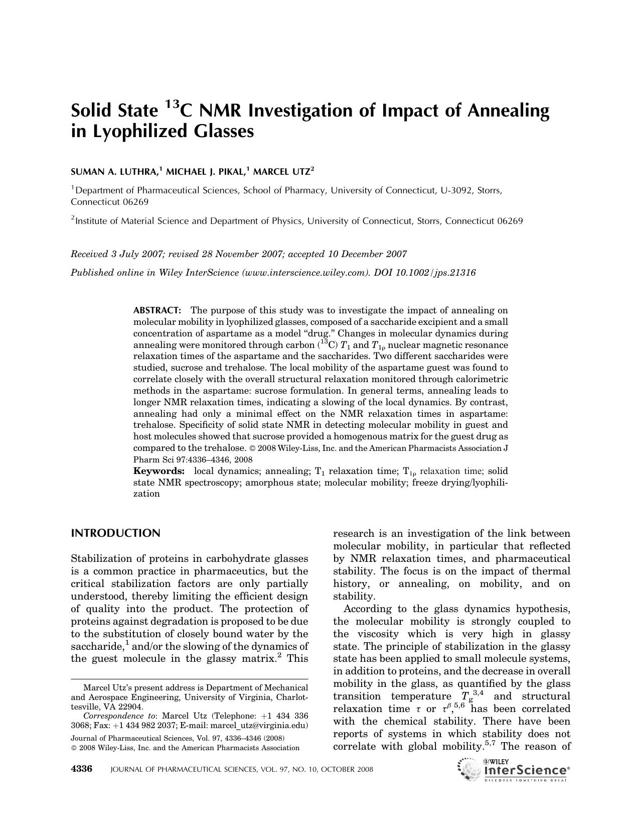 Solid state 13C NMR investigation of impact of annealing in lyophilized glasses by Unknown
