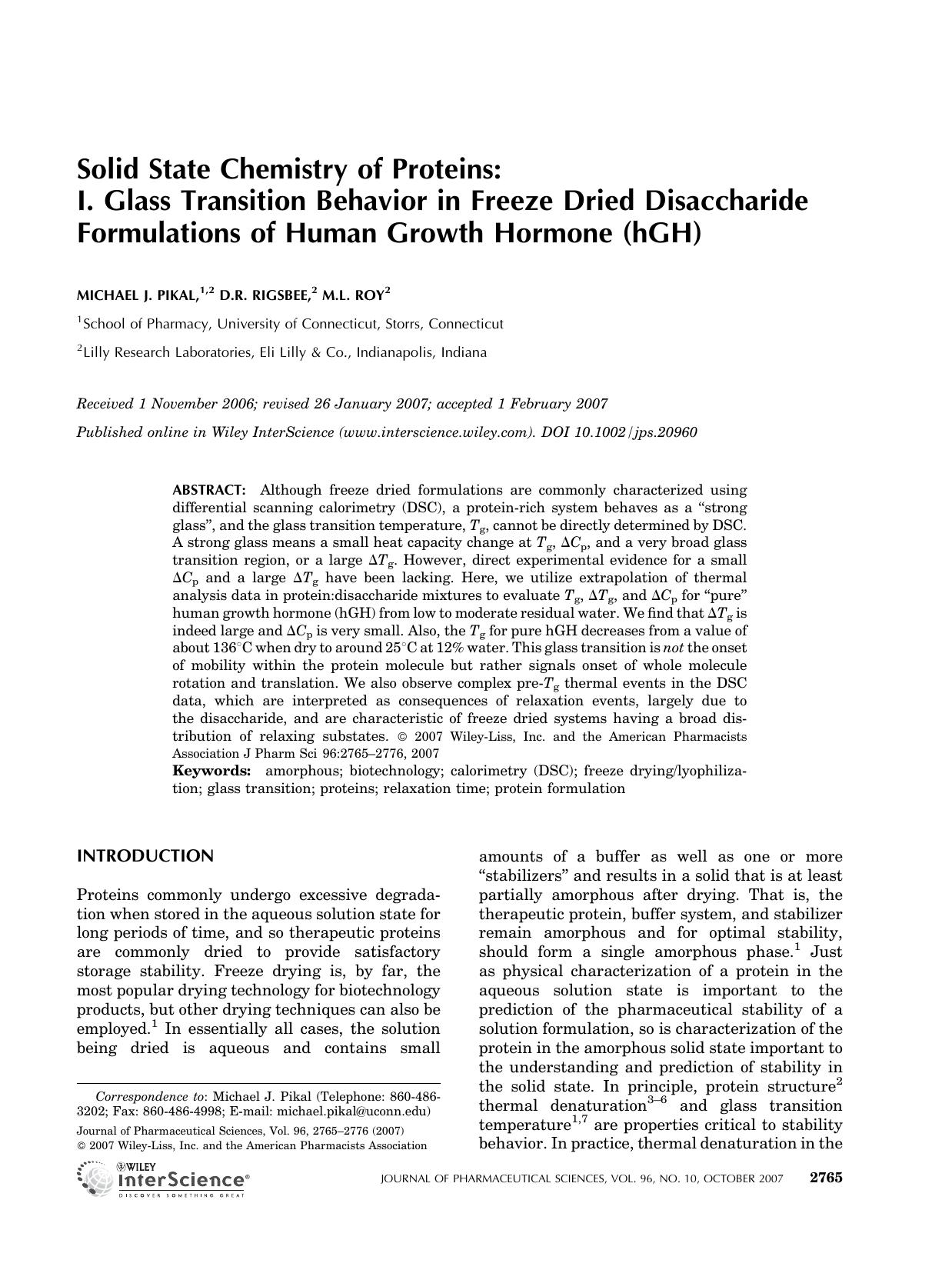 Solid state chemistry of proteins: I. glass transition behavior in freeze dried disaccharide formulations of human growth hormone (hGH) by Unknown