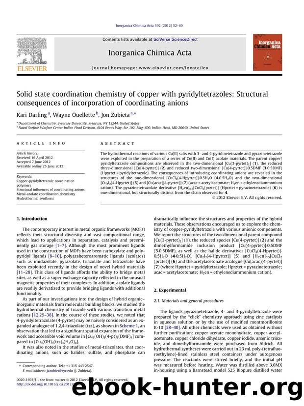 Solid state coordination chemistry of copper with pyridyltetrazoles: Structural consequences of incorporation of coordinating anions by Kari Darling & Wayne Ouellette & Jon Zubieta