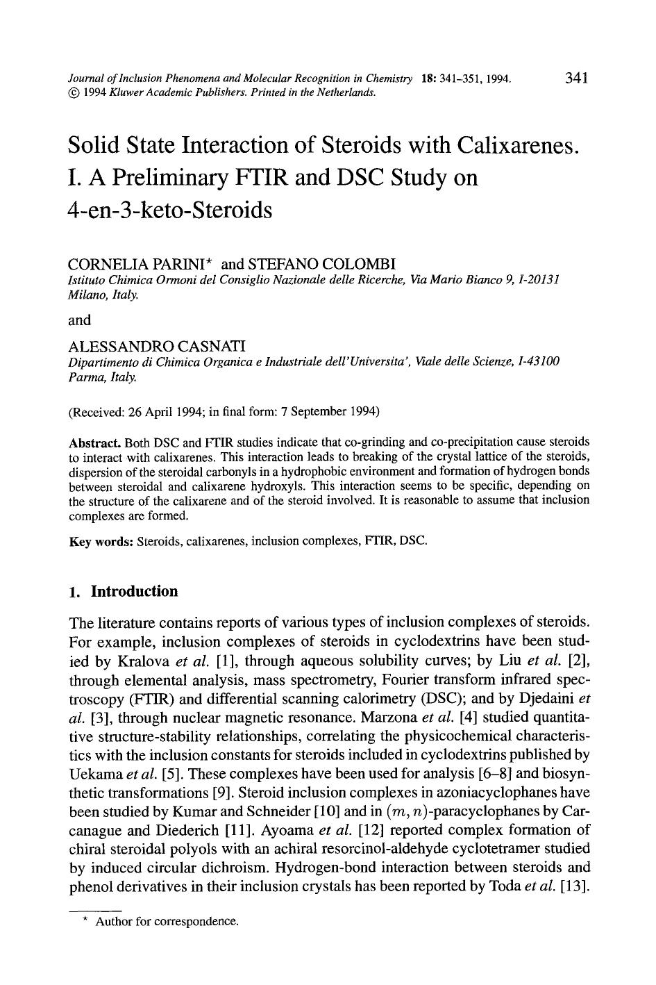Solid state interaction of steroids with calixarenes. I. A preliminary FTIR and DSC study on 4-en-3-keto-steroids by Unknown