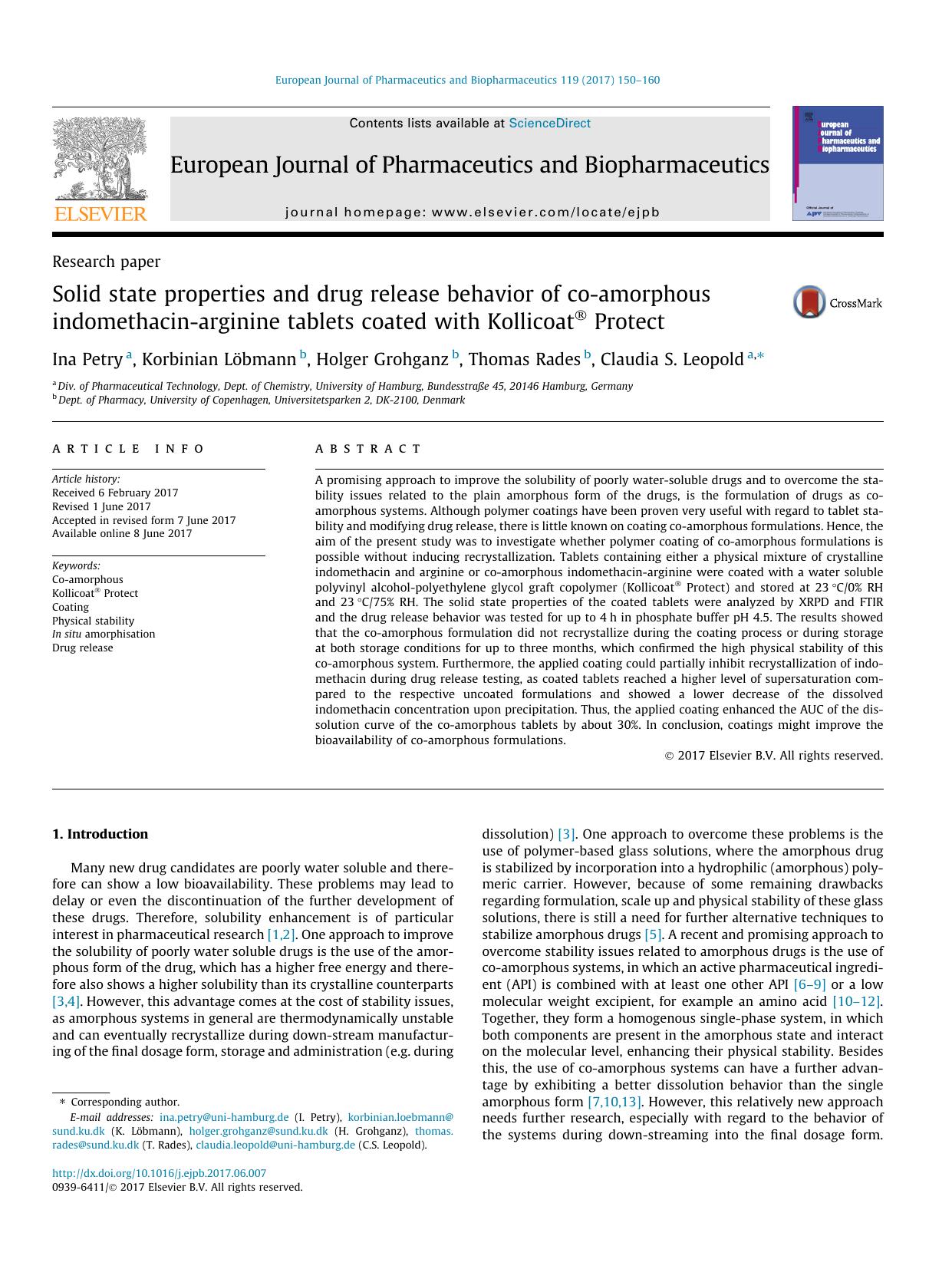 Solid state properties and drug release behavior of co-amorphous indomethacin-arginine tablets coated with KollicoatÃÂ® Protect by Ina Petry & Korbinian Löbmann & Holger Grohganz & Thomas Rades & Claudia S. Leopold