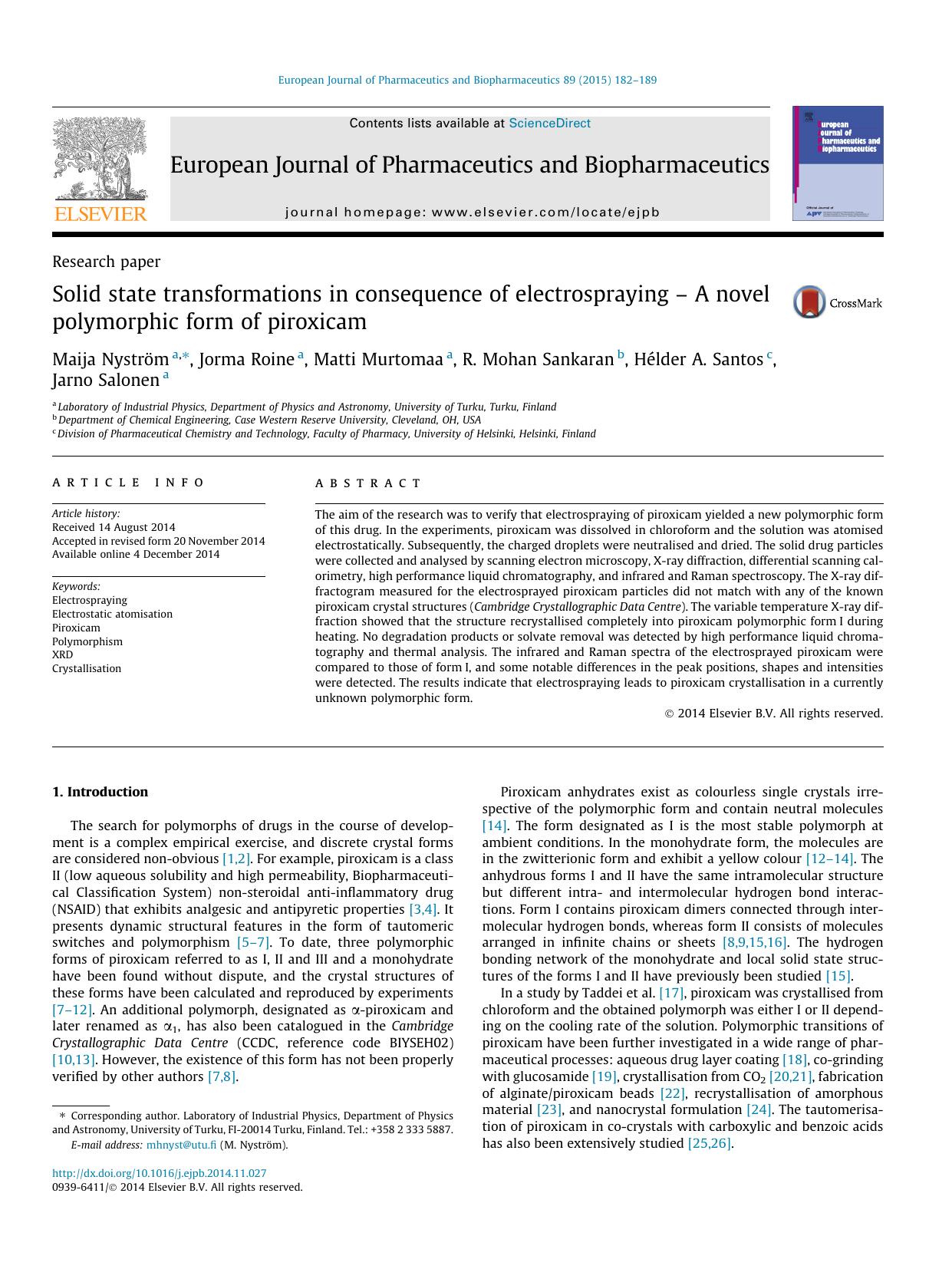 Solid state transformations in consequence of electrospraying Ã¢â¬â A novel polymorphic form of piroxicam by unknow