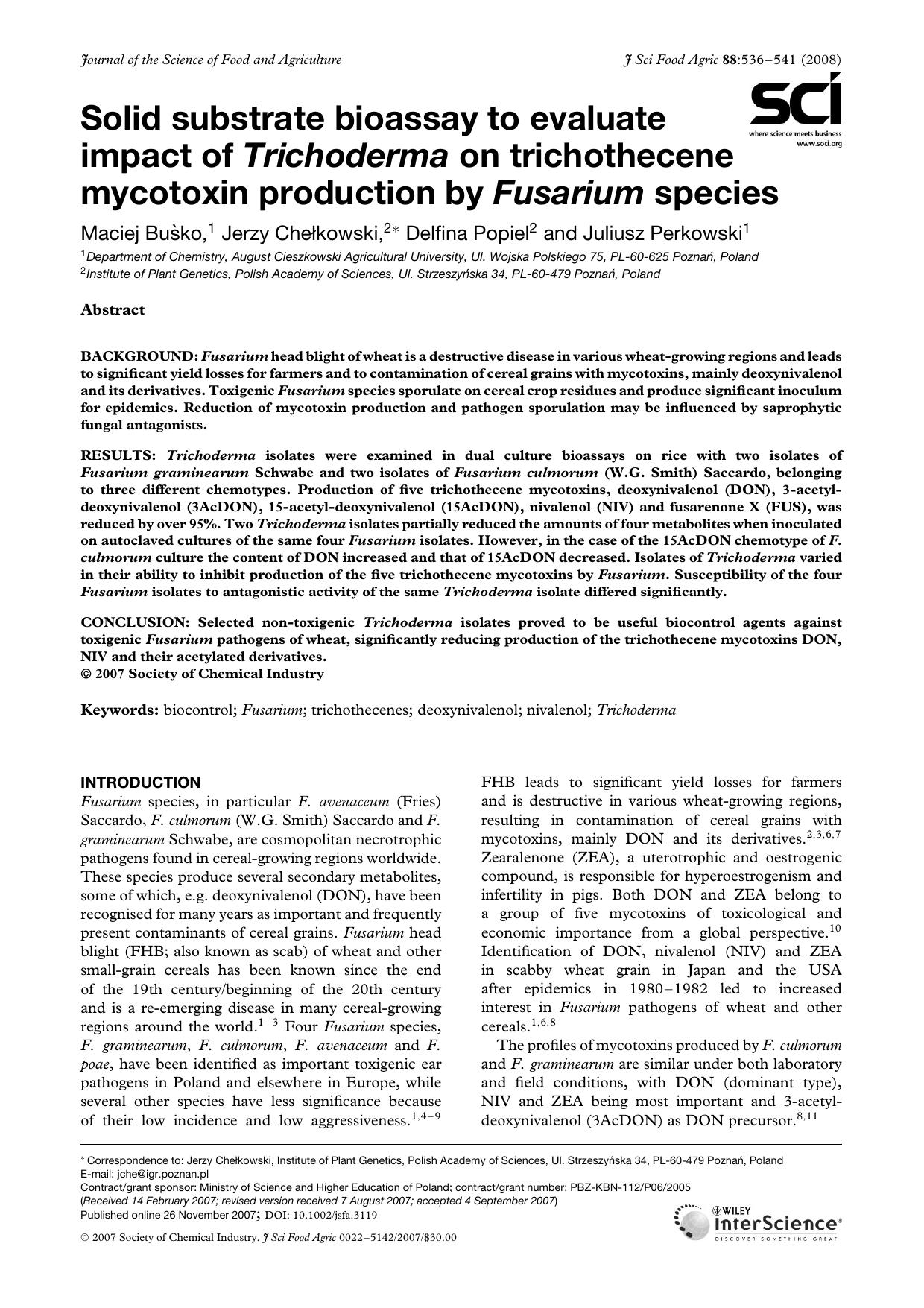 Solid substrate bioassay to evaluate impact of Trichoderma on trichothecene mycotoxin production by Fusarium species by Unknown