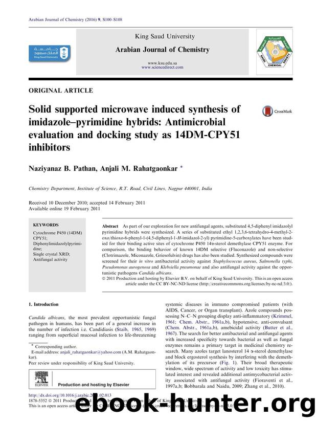 Solid supported microwave induced synthesis of imidazoleÃ¢â¬âpyrimidine hybrids: Antimicrobial evaluation and docking study as 14DM-CPY51 inhibitors by Naziyanaz B. Pathan & Anjali M. Rahatgaonkar