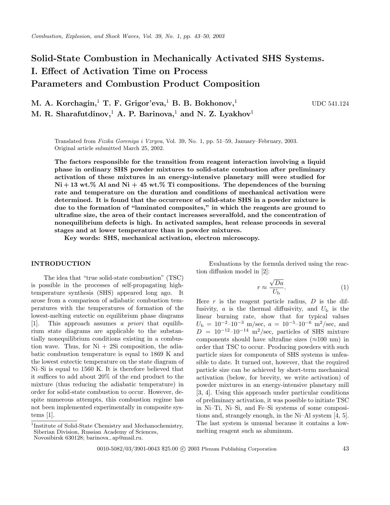 Solid&#x2010;State Combustion in Mechanically Activated SHS Systems. I. Effect of Activation Time on Process Parameters and Combustion Product Composition by Unknown