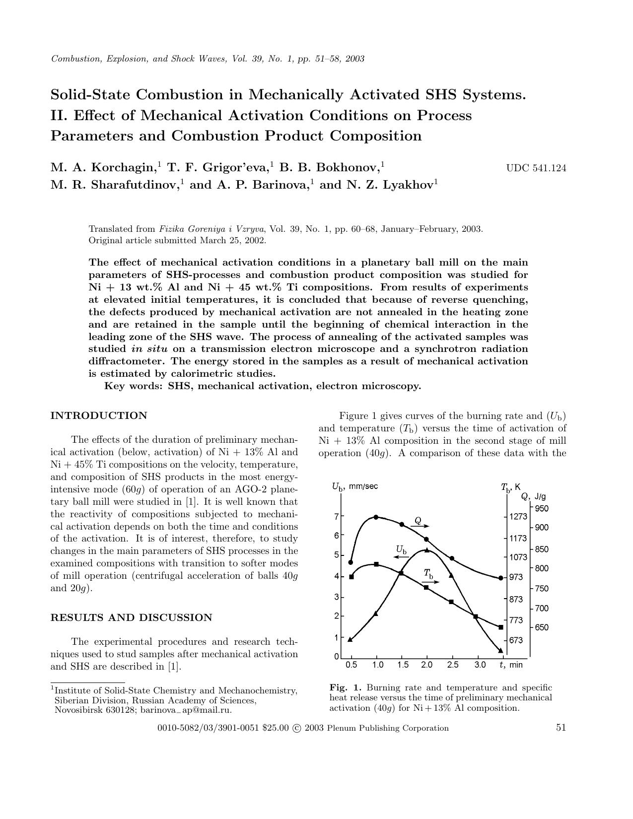 Solid&#x2010;State Combustion in Mechanically Activated SHS Systems. II. Effect of Mechanical Activation Conditions on Process Parameters and Combustion Product Composition by Unknown