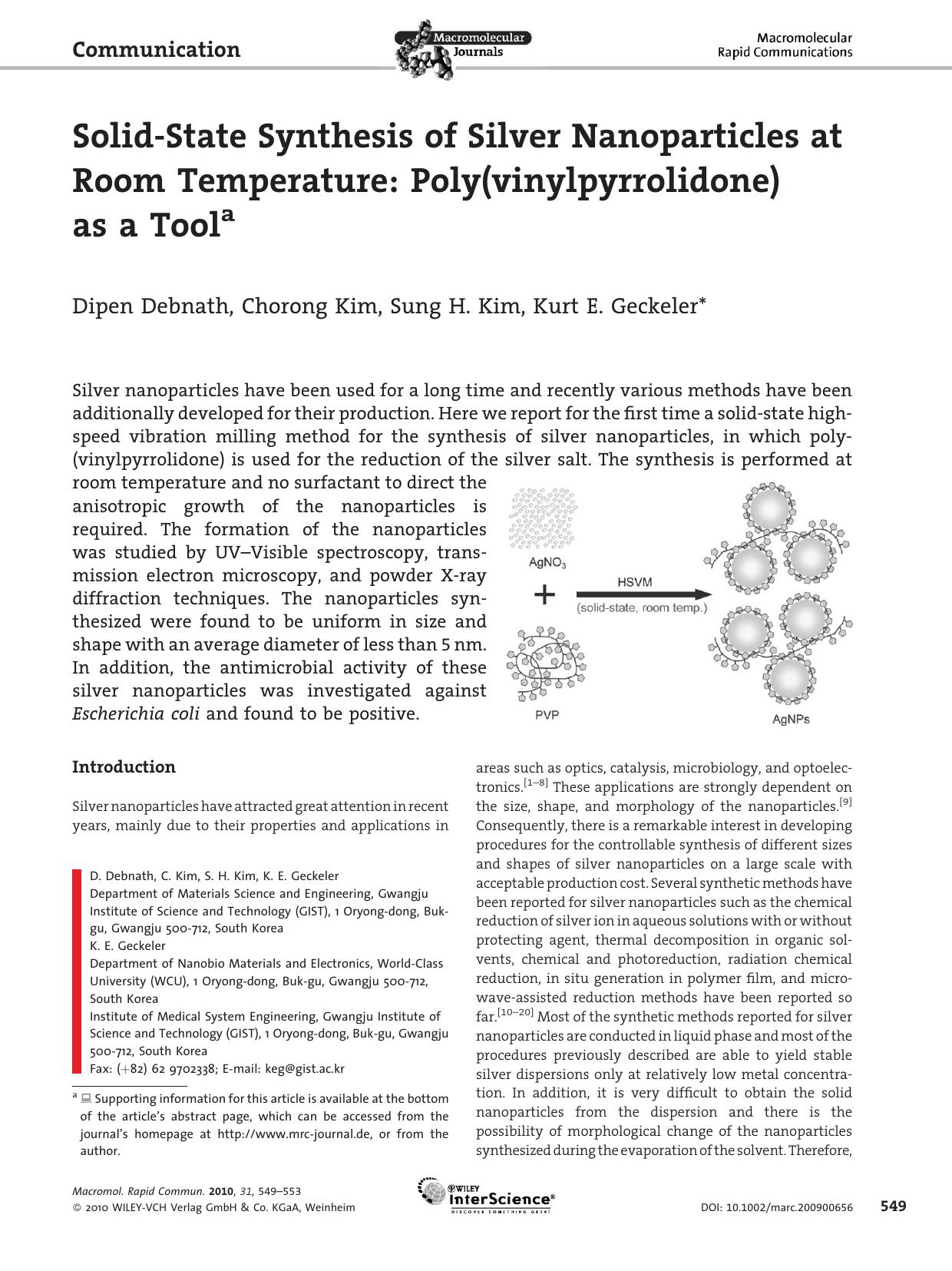 Solid?State Synthesis of Silver Nanoparticles at Room Temperature: Poly(vinylpyrrolidone) as a Tool by Unknown
