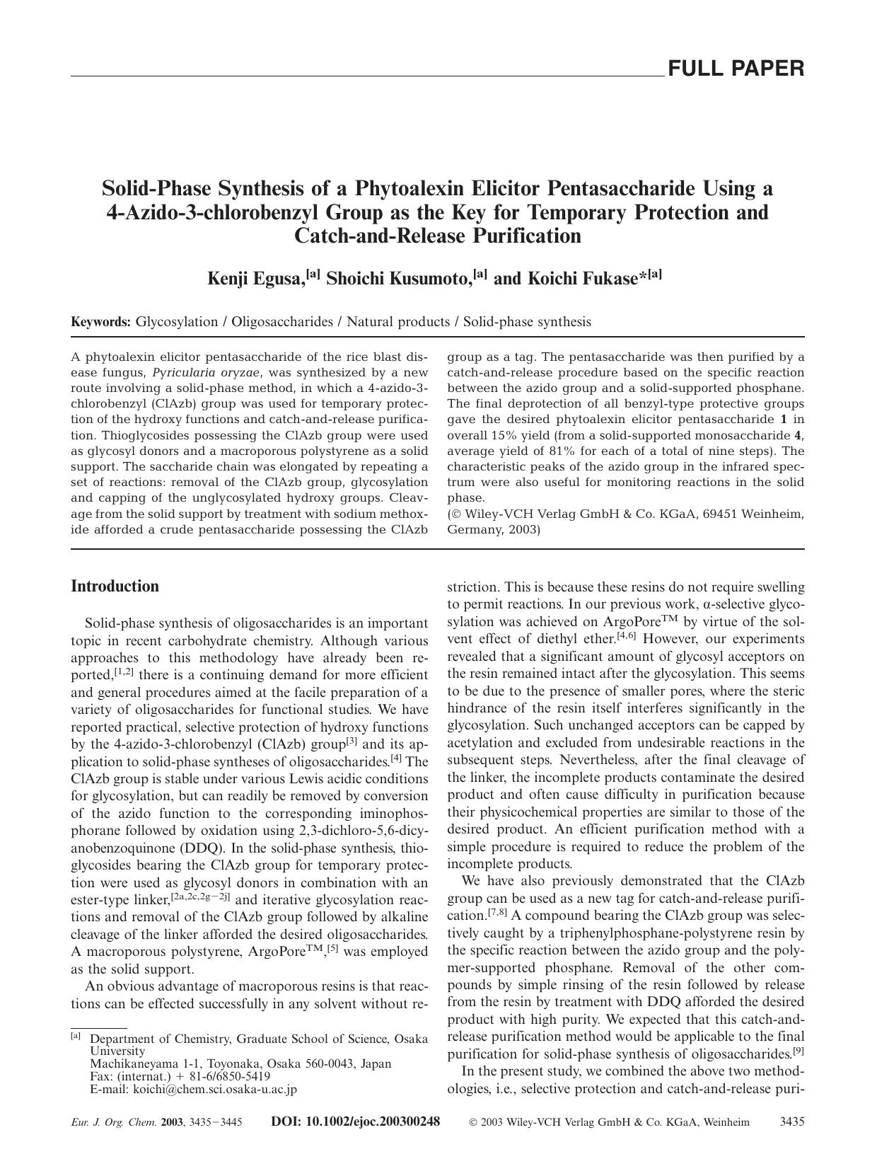 Solid-Phase Synthesis of a Phytoalexin Elicitor Pentasaccharide Using a 4-Azido-3-chlorobenzyl Group as the Key for Temporary Protection and Catch-and-Release Purification by Unknown