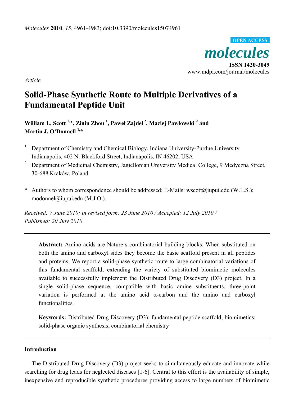Solid-Phase Synthetic Route to Multiple Derivatives of a Fundamental Peptide Unit by William L. Scott & Ziniu Zhou & Paweł Zajdel & Maciej Pawłowski & Martin J. O’Donnell