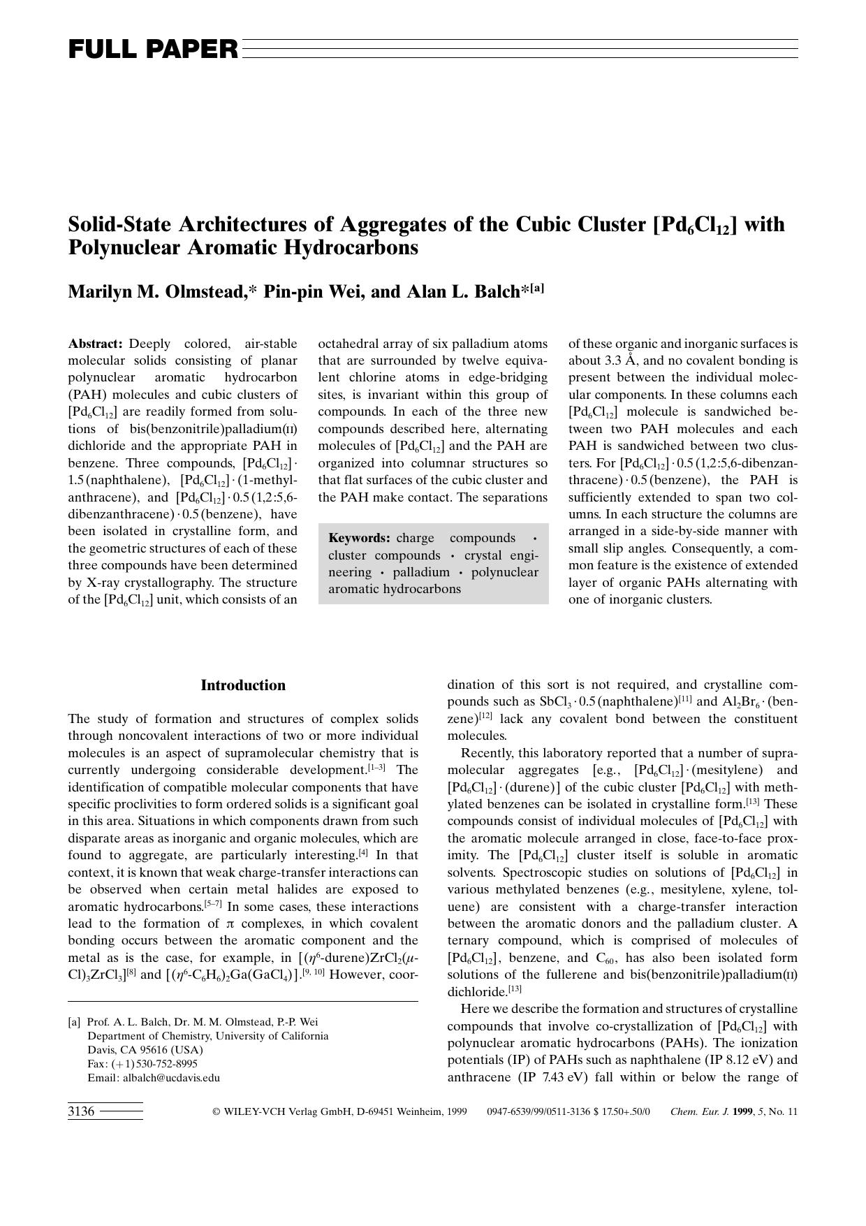 Solid-State Architectures of Aggregates of the Cubic Cluster [Pd6Cl12] with Polynuclear Aromatic Hydrocarbons by Unknown