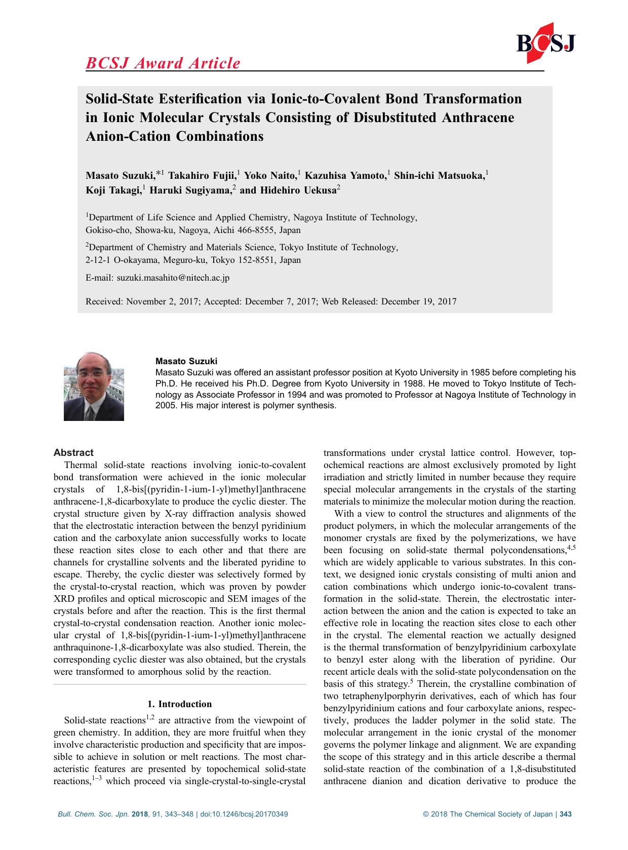 Solid-State Esterification via Ionic-to-Covalent Bond Transformation in Ionic Molecular Crystals Consisting of Disubstituted Anthracene Anion-Cation Combinations by Unknown
