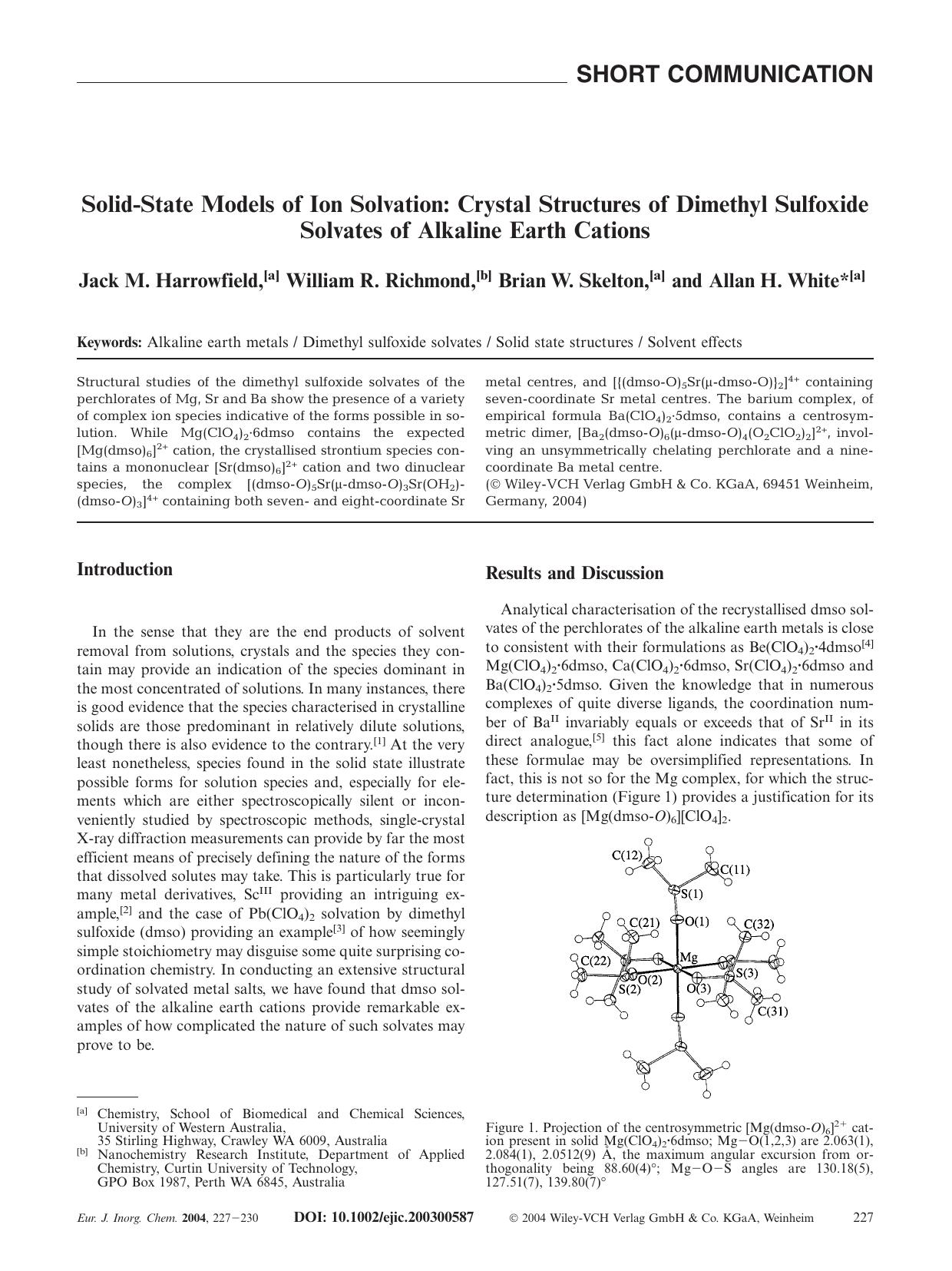 Solid-State Models of Ion Solvation: Crystal Structures of Dimethyl Sulfoxide Solvates of Alkaline Earth Cations by Unknown