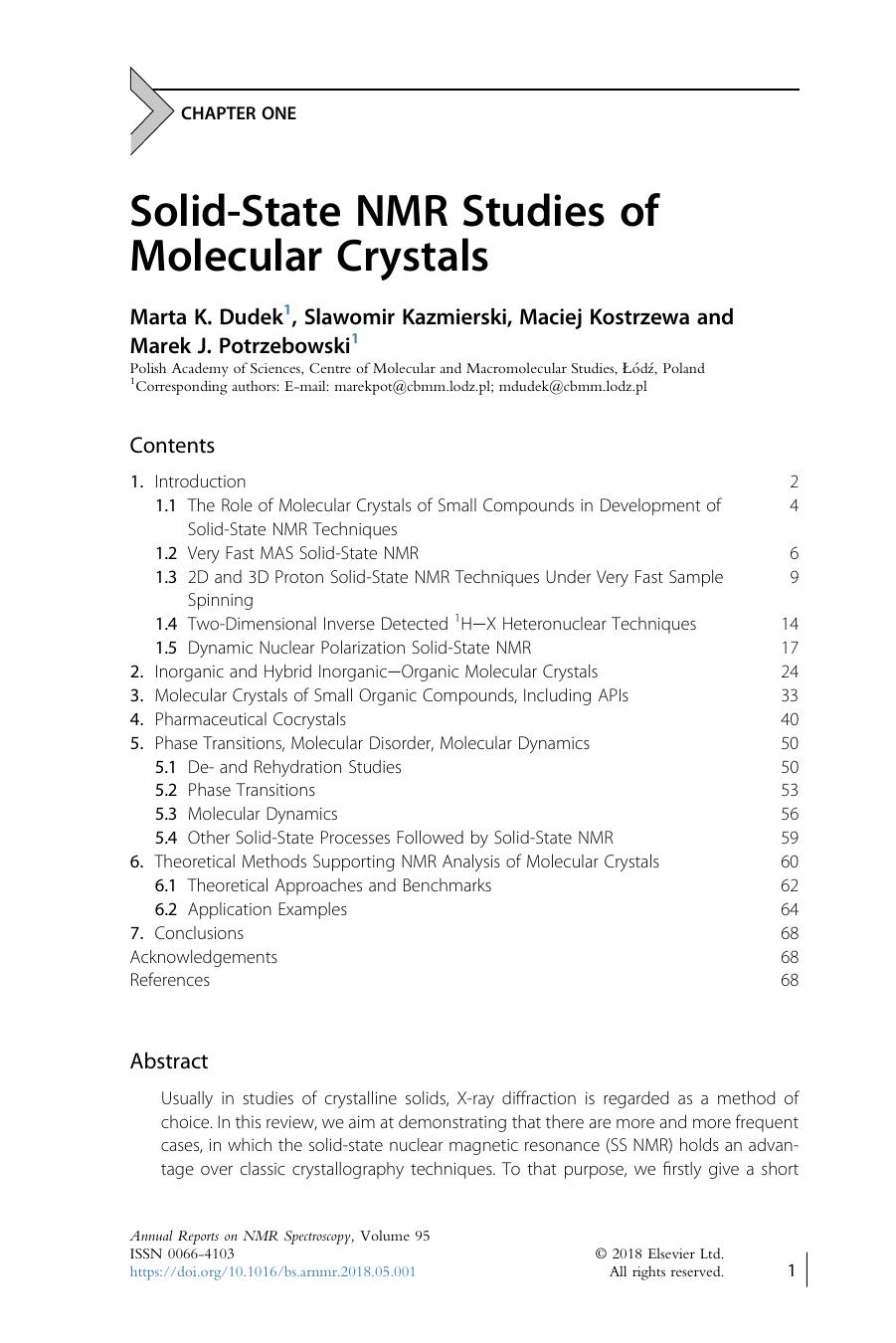 Solid-State NMR Studies of Molecular Crystals by Marta K. Dudek & Slawomir Kazmierski & Maciej Kostrzewa & Marek J. Potrzebowski