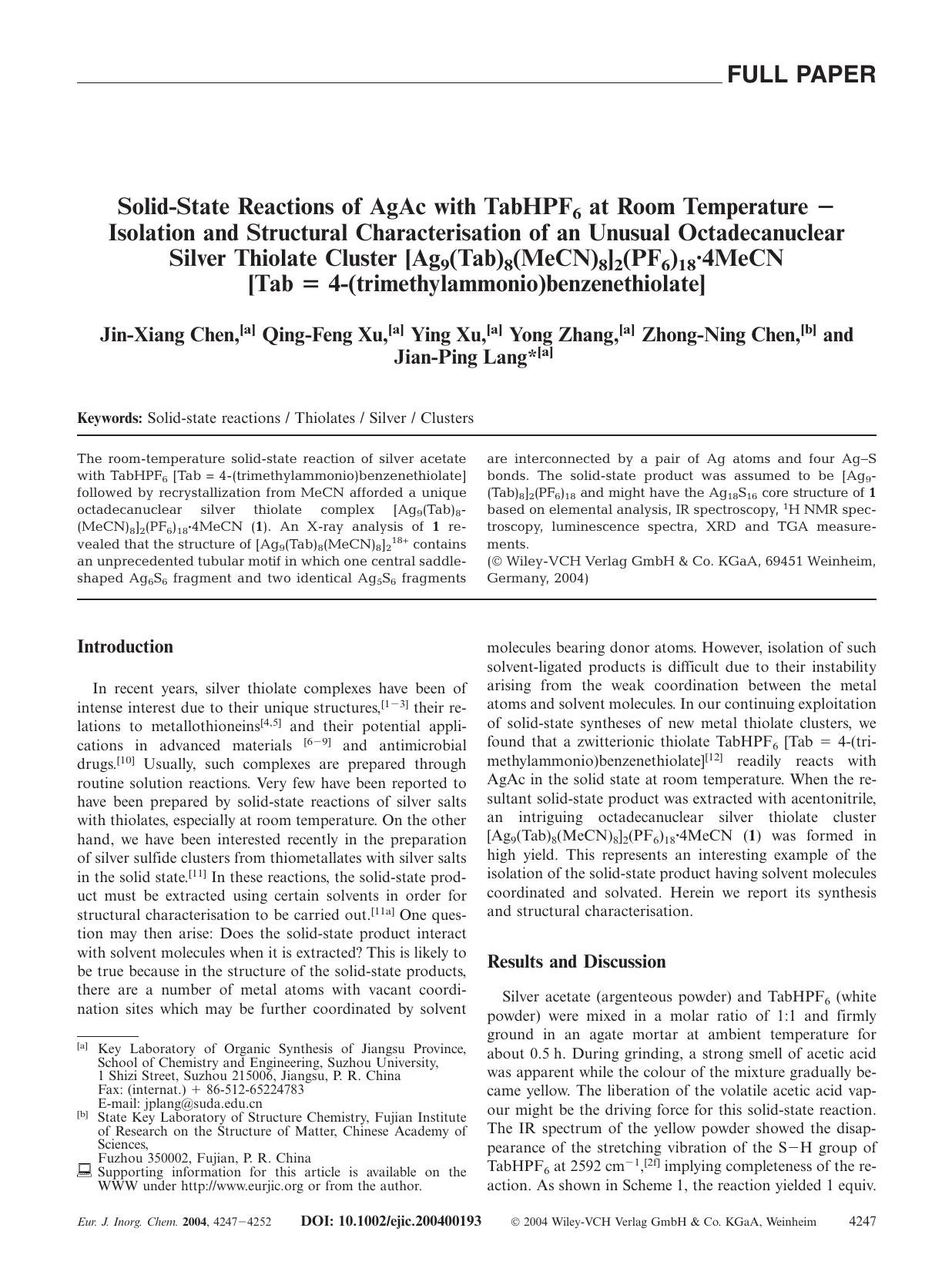 Solid-State Reactions of AgAc with TabHPF6 at Room Temperature [minus] Isolation and Structural Characterisation of an Unusual Octadecanuclear Silver Thiolate Cluster [Ag9(Tab)8(Me by Unknown