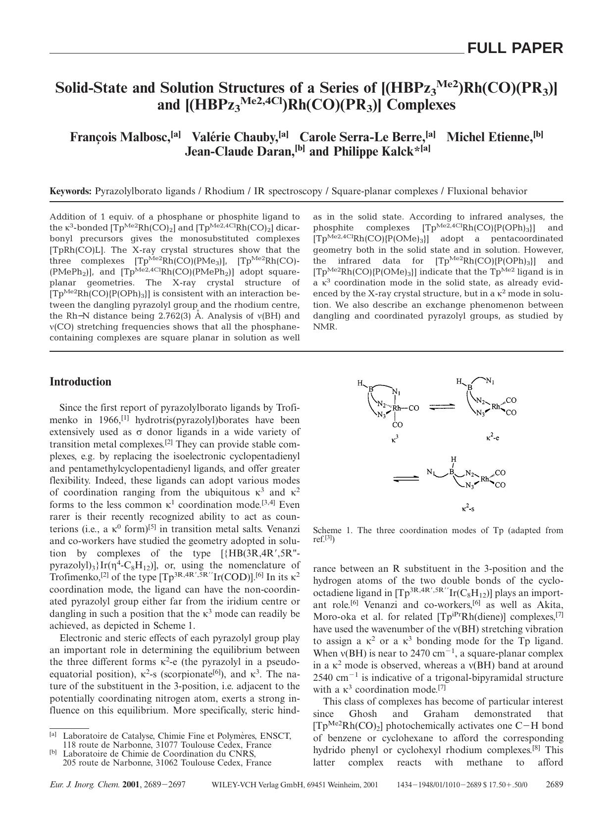 Solid-State and Solution Structures of a Series of [(HBPz3Me2)Rh(CO)(PR3)] and [(HBPz3Me2,4Cl)Rh(CO)(PR3)] Complexes by Unknown