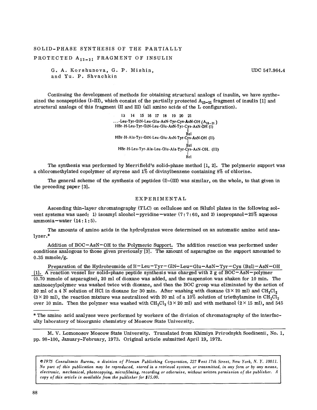 Solid-phase synthesis of the partially protected A <Subscript>13&#x2013;21 <Subscript> fragment of insulin by Unknown