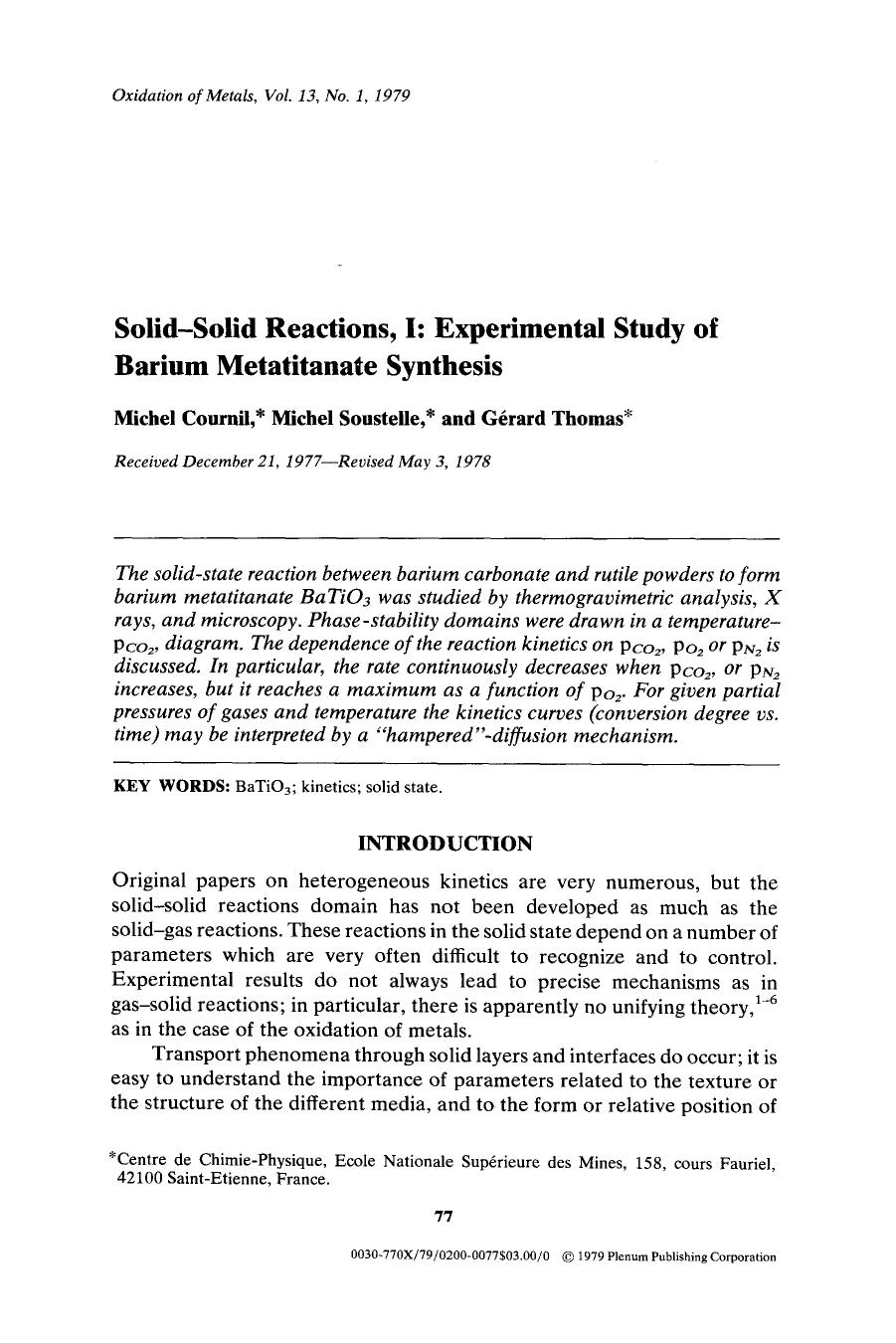 Solid-solid reactions, I: Experimental study of barium metatitanate synthesis by Unknown