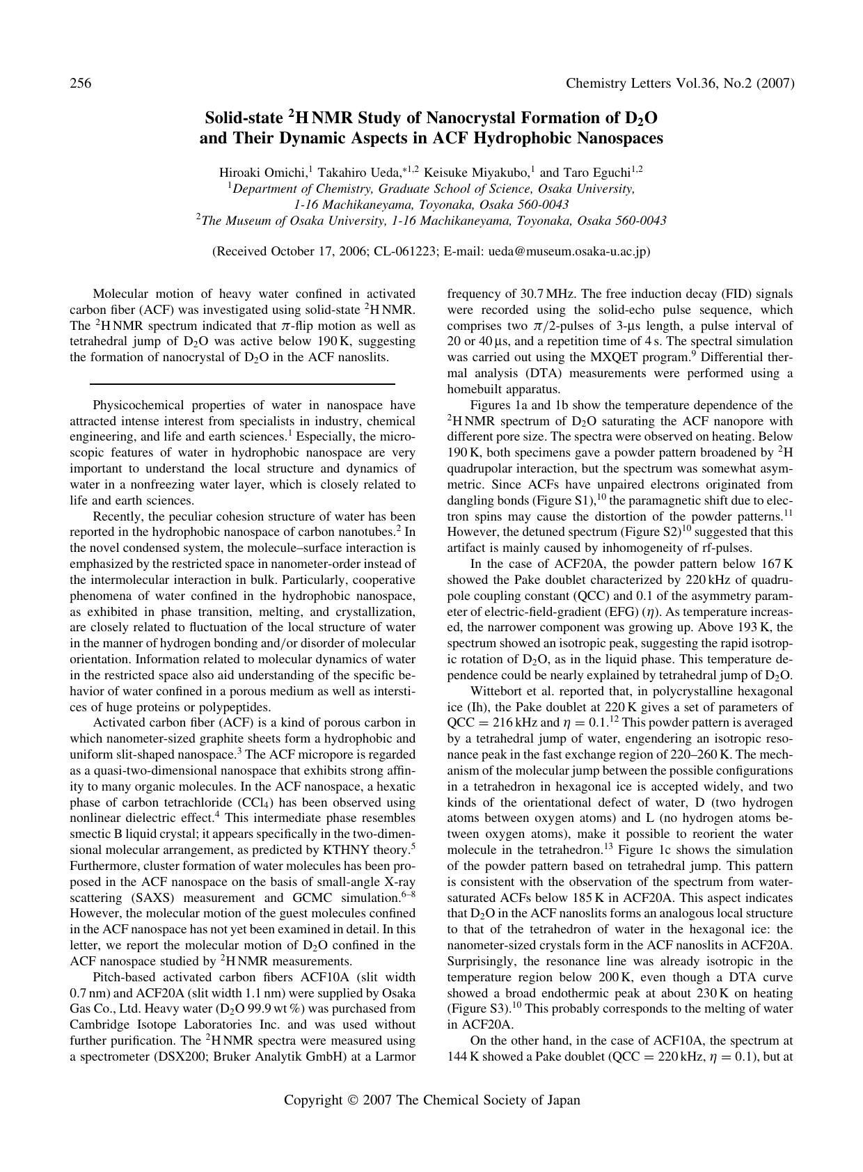 Solid-state ^{2}HNMR Study of Nanocrystal Formation of D_{2}O and Their Dynamic Aspects in ACF Hydrophobic Nanospaces by Hiroaki Omichi Takahiro Ueda Keisuke Miyakubo and Taro Eguchi