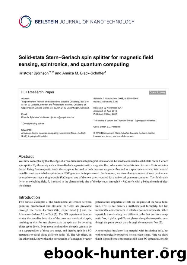 Solid-state SternâGerlach spin splitter for magnetic field sensing, spintronics, and quantum computing by Kristofer Björnson Annica M. Black-Schaffer