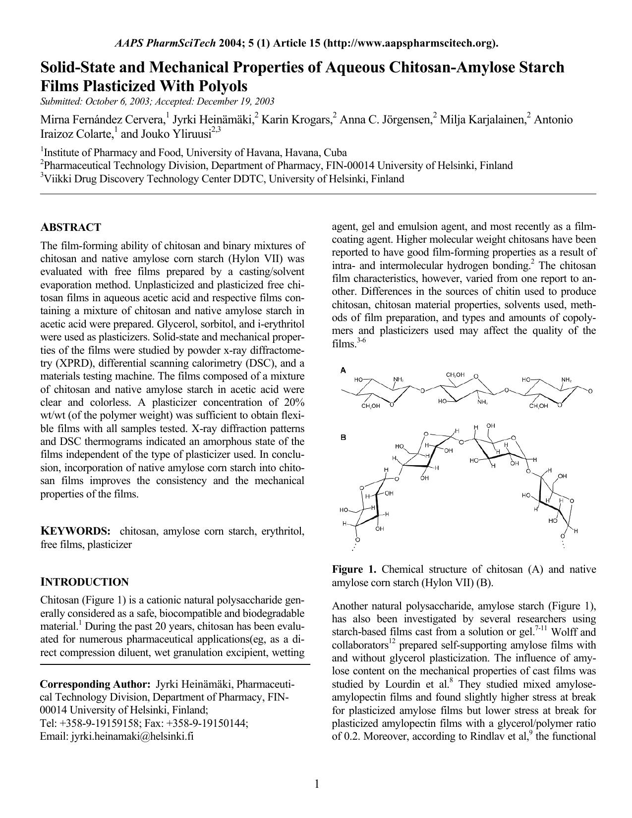Solid-state and mechanical properties of aqueous chitosan-amylose starch films plasticized with polyols by Unknown