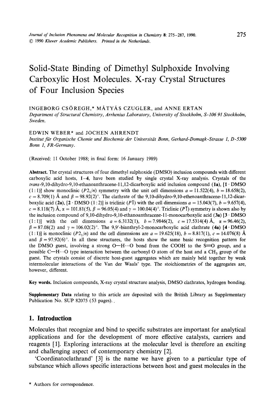 Solid-state binding of dimethyl sulphoxide involving carboxylic host molecules. X-ray crystal structures of four inclusion species by Unknown