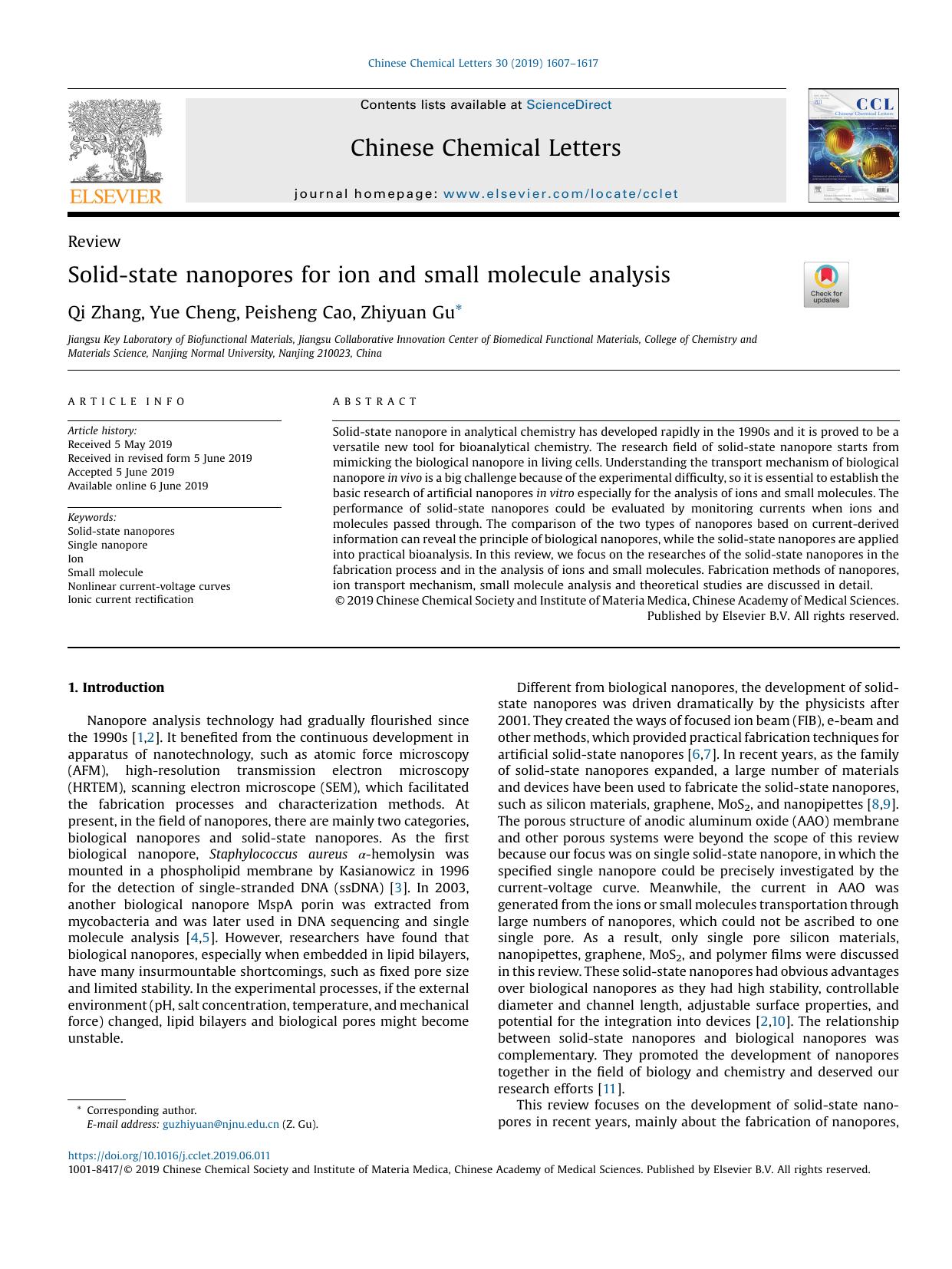 Solid-state nanopores for ion and small molecule analysis by Qi Zhang & Yue Cheng & Peisheng Cao & Zhiyuan Gu