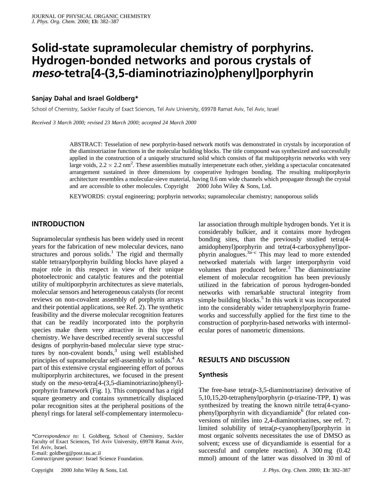 Solid-state supramolecular chemistry of porphyrins. Hydrogen-bonded networks and porous crystals of meso-tetra[4-(3,5-diaminotriazino)phenyl]porphyrin by Unknown