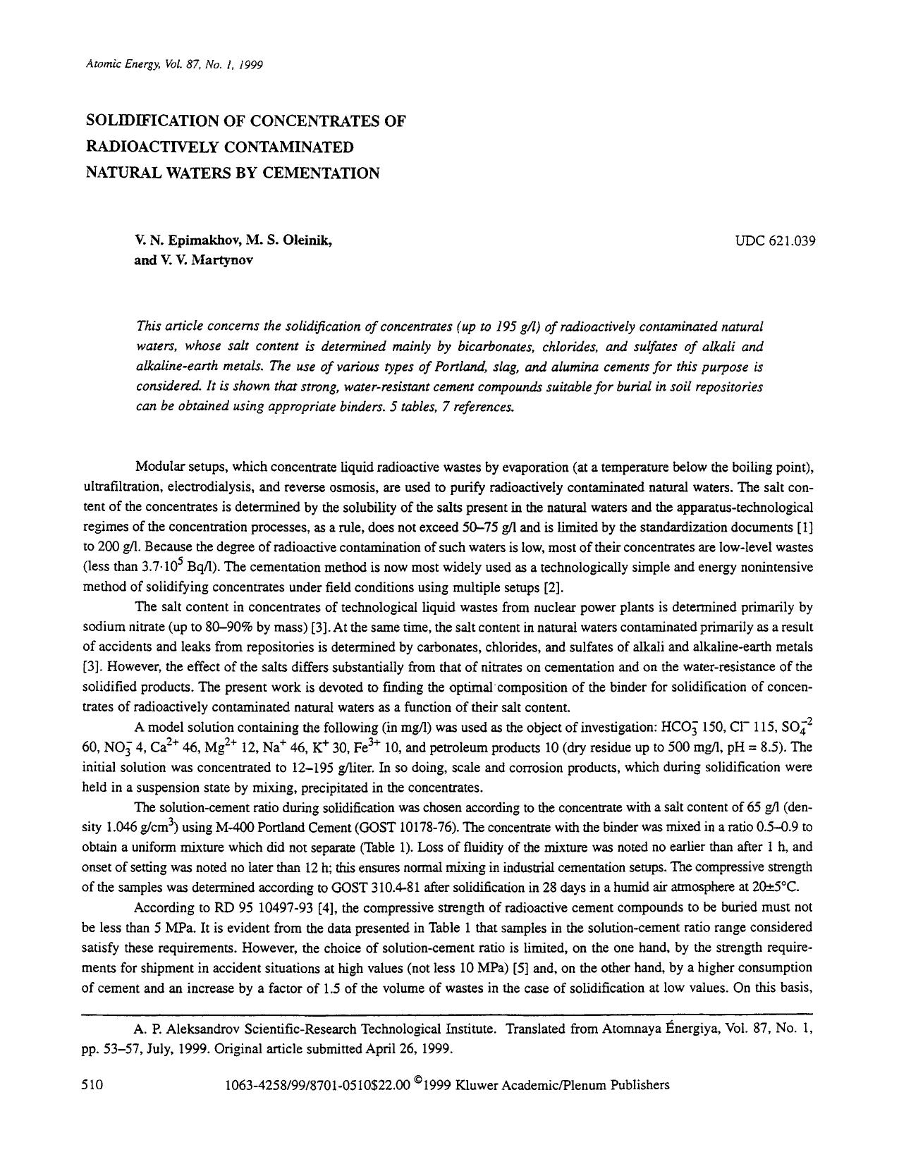 Solidification of concentrates of radioactively contaminated natural waters by cementation by Unknown