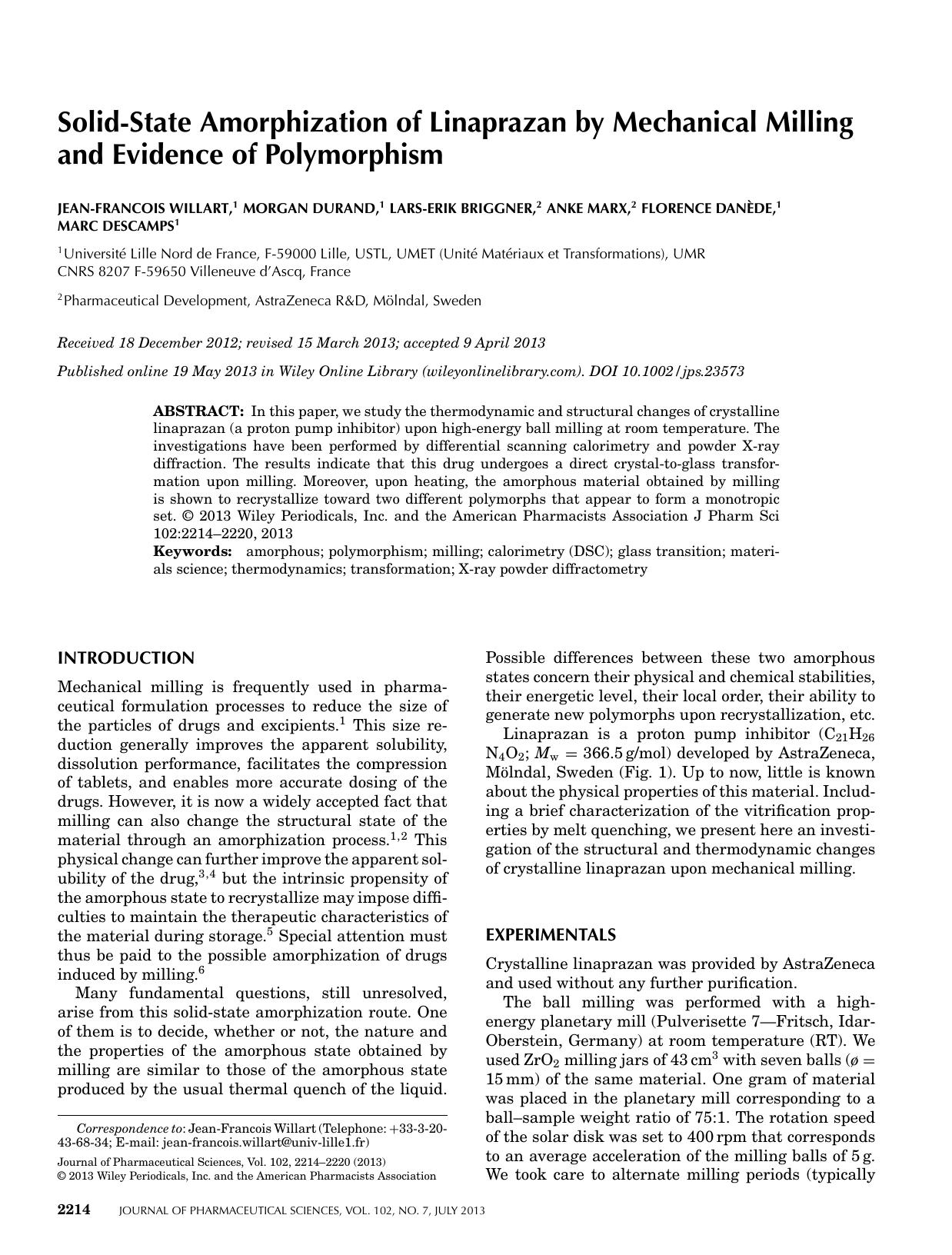 Solidstate amorphization of linaprazan by mechanical milling and evidence of polymorphism by Unknown