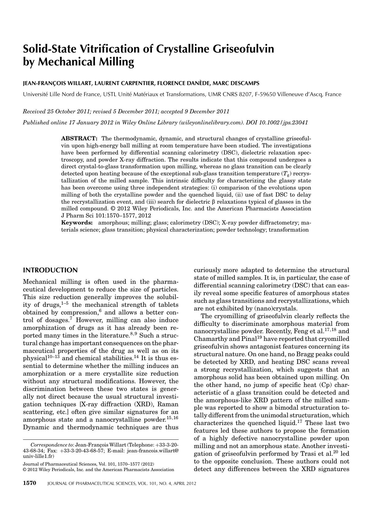 Solidstate vitrification of crystalline griseofulvin by mechanical milling by Unknown