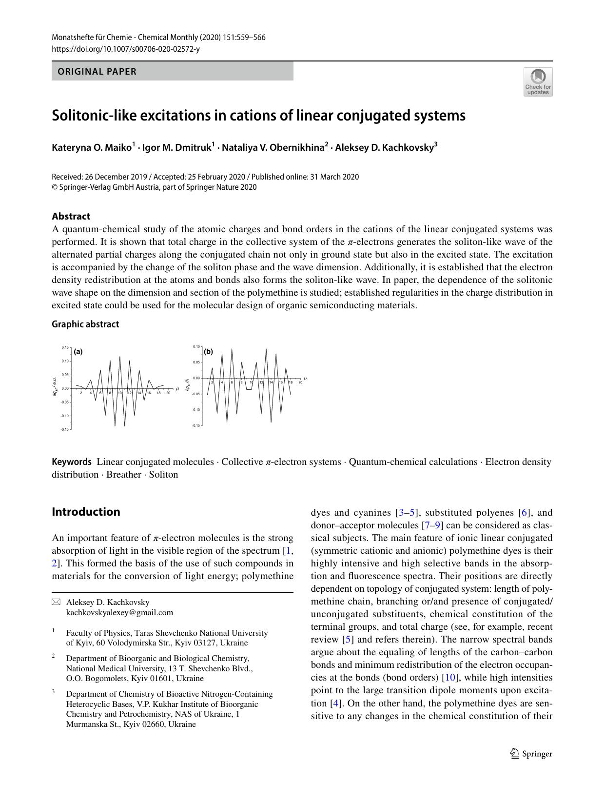 Solitonic-like excitations in cations of linear conjugated systems by Kateryna O. Maiko & Igor M. Dmitruk & Nataliya V. Obernikhina & Aleksey D. Kachkovsky