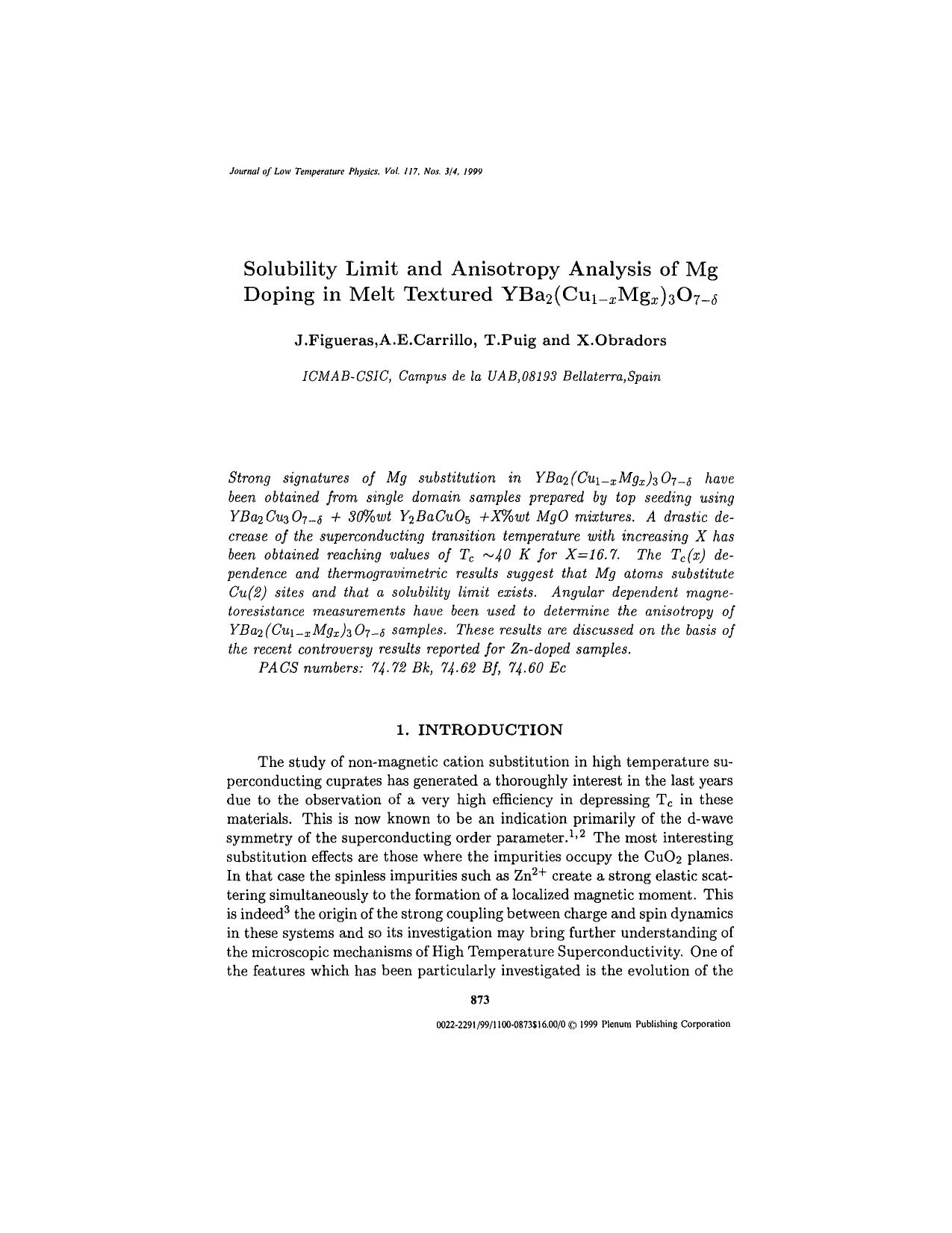 Solubility Limit and Anisotropy Analysis of Mg Doping in Melt Textured YBa<Subscript>2<Subscript>(Cu<Subscript>1&#x2212;<Emphasis Type="Italic">x<Emphasis> <Subscript>Mg<Subscript> by Unknown