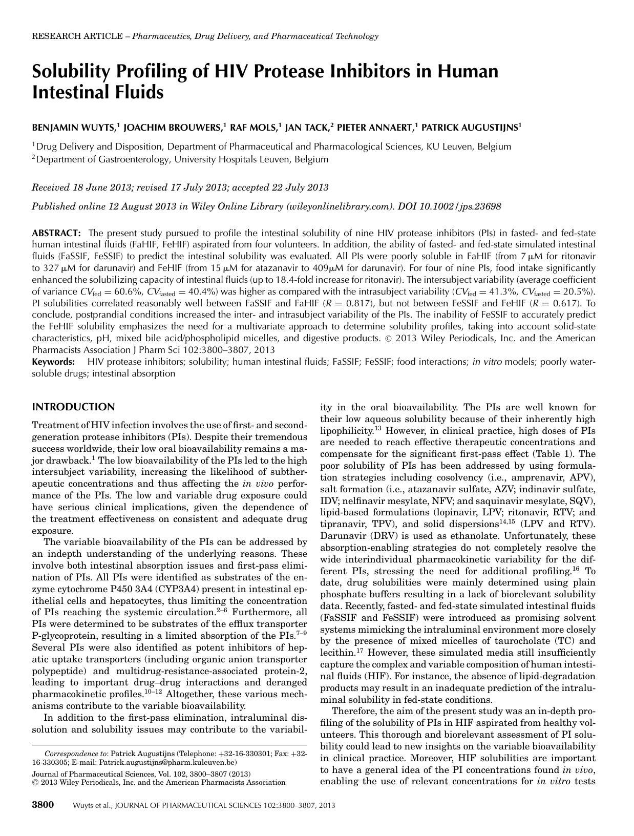 Solubility Profiling of HIV Protease Inhibitors in Human Intestinal Fluids by Unknown