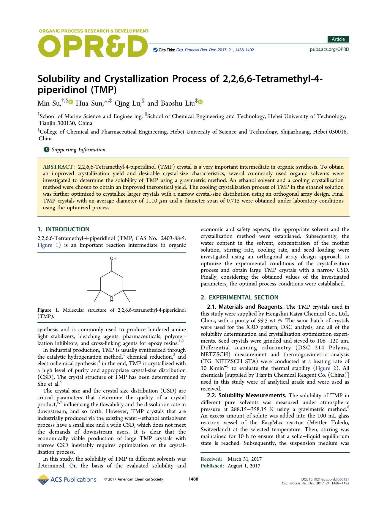 Solubility and Crystallization Process of 2,2,6,6-Tetramethyl-4-piperidinol (TMP) by Min Su Hua Sun Qing Lu & Baoshu Liu