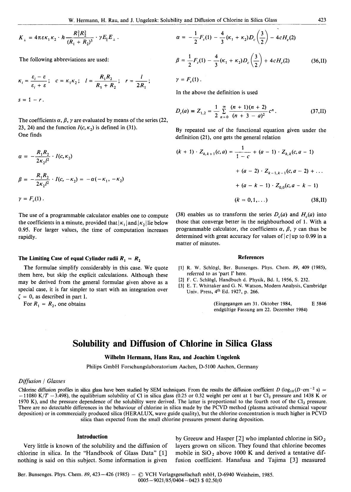 Solubility and Diffusion of Chlorine in Silica Glass by Unknown
