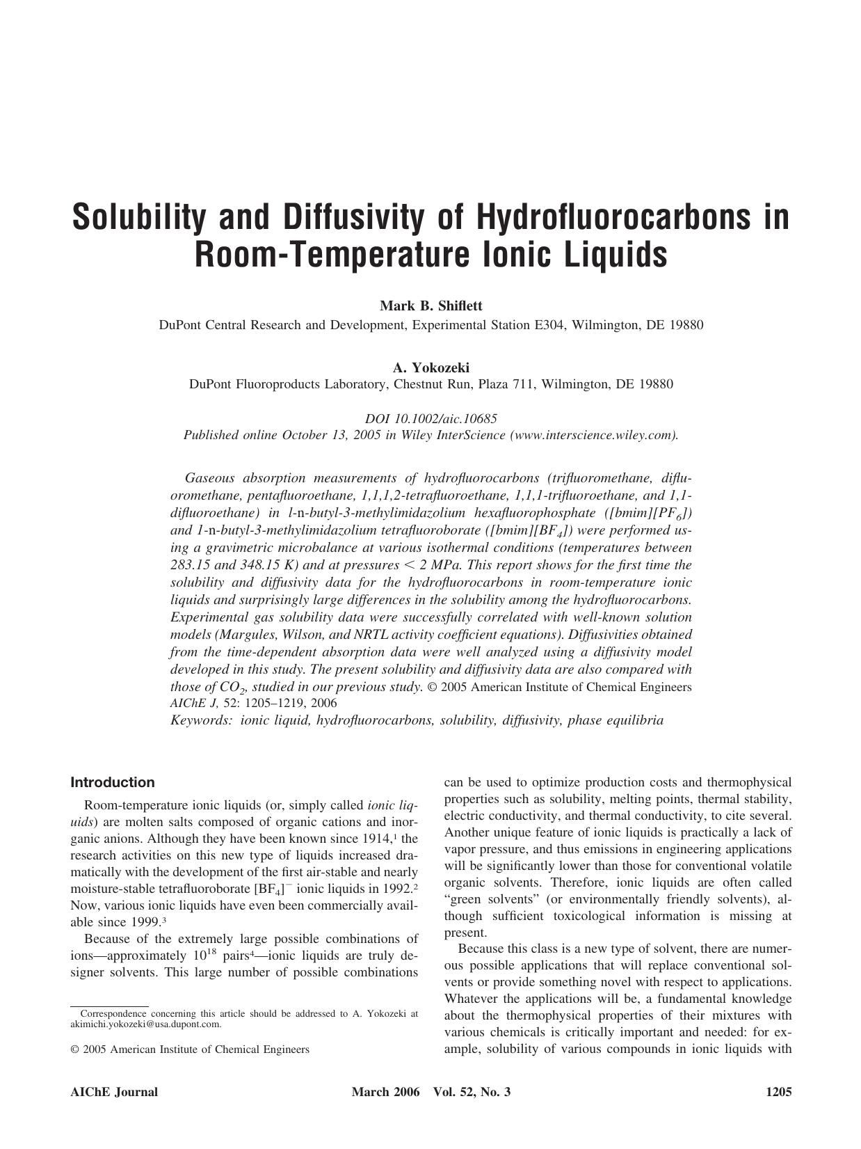 Solubility and diffusivity of hydrofluorocarbons in room-temperature ionic liquids by Unknown