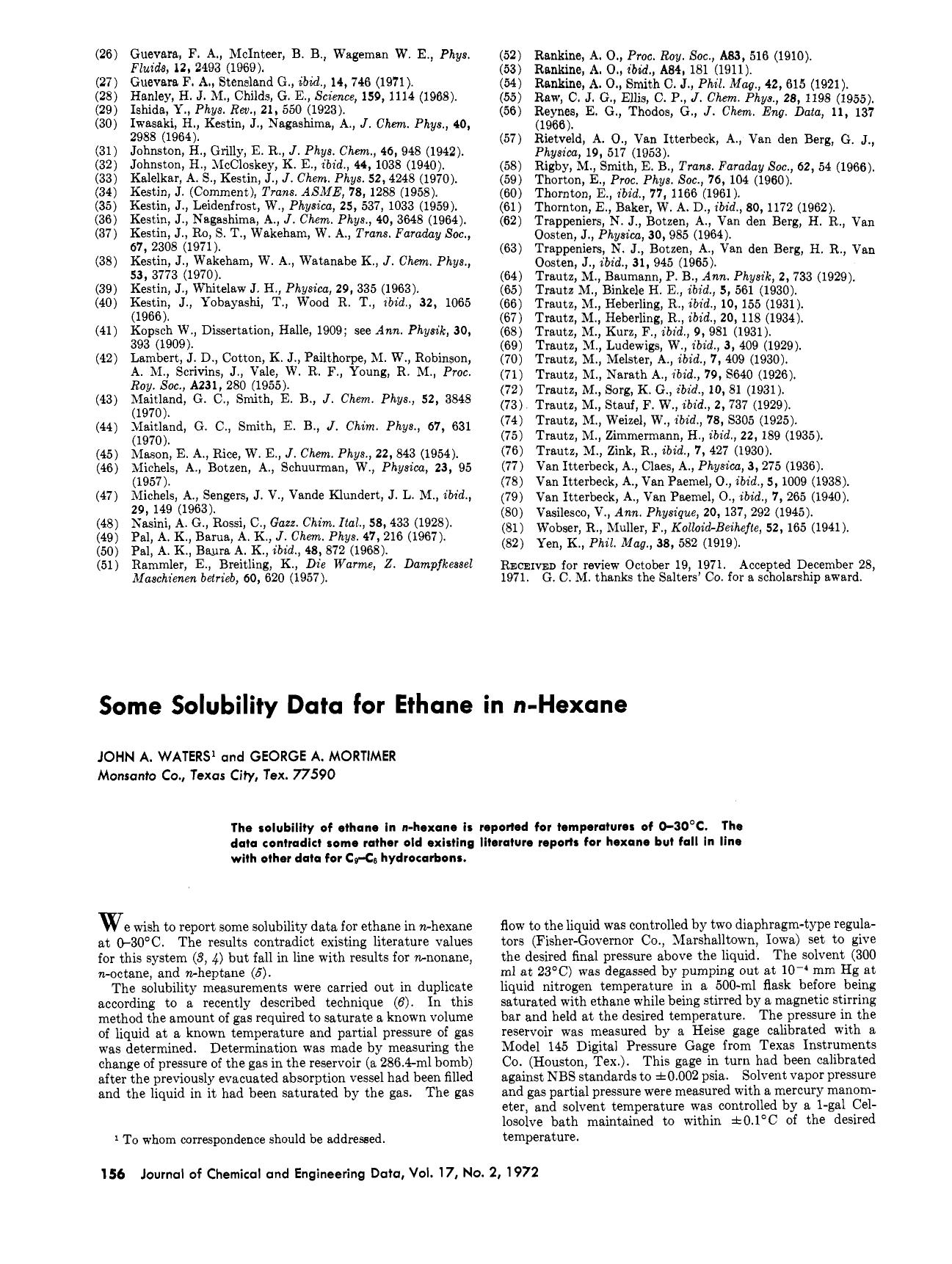 Solubility data for ethane in n-hexane by John A. Waters George A. Mortimer
