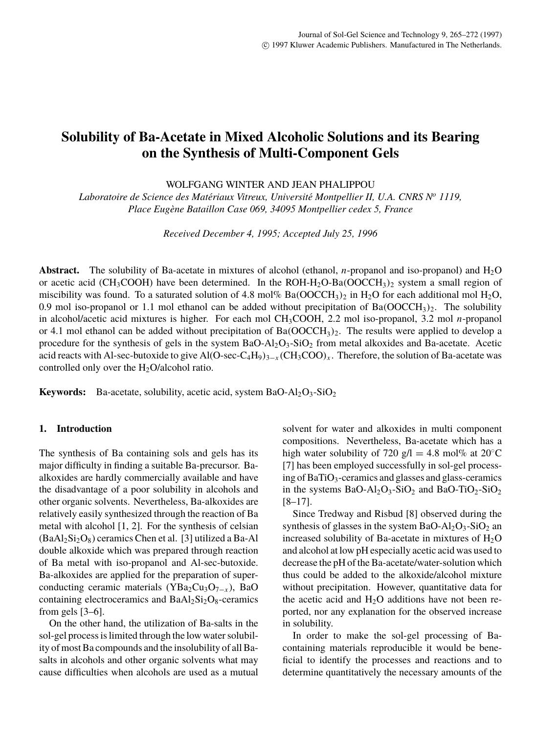 Solubility of Ba-Acetate in Mixed Alcoholic Solutions and its Bearing on the Synthesis of Multi-Component Gels by Unknown