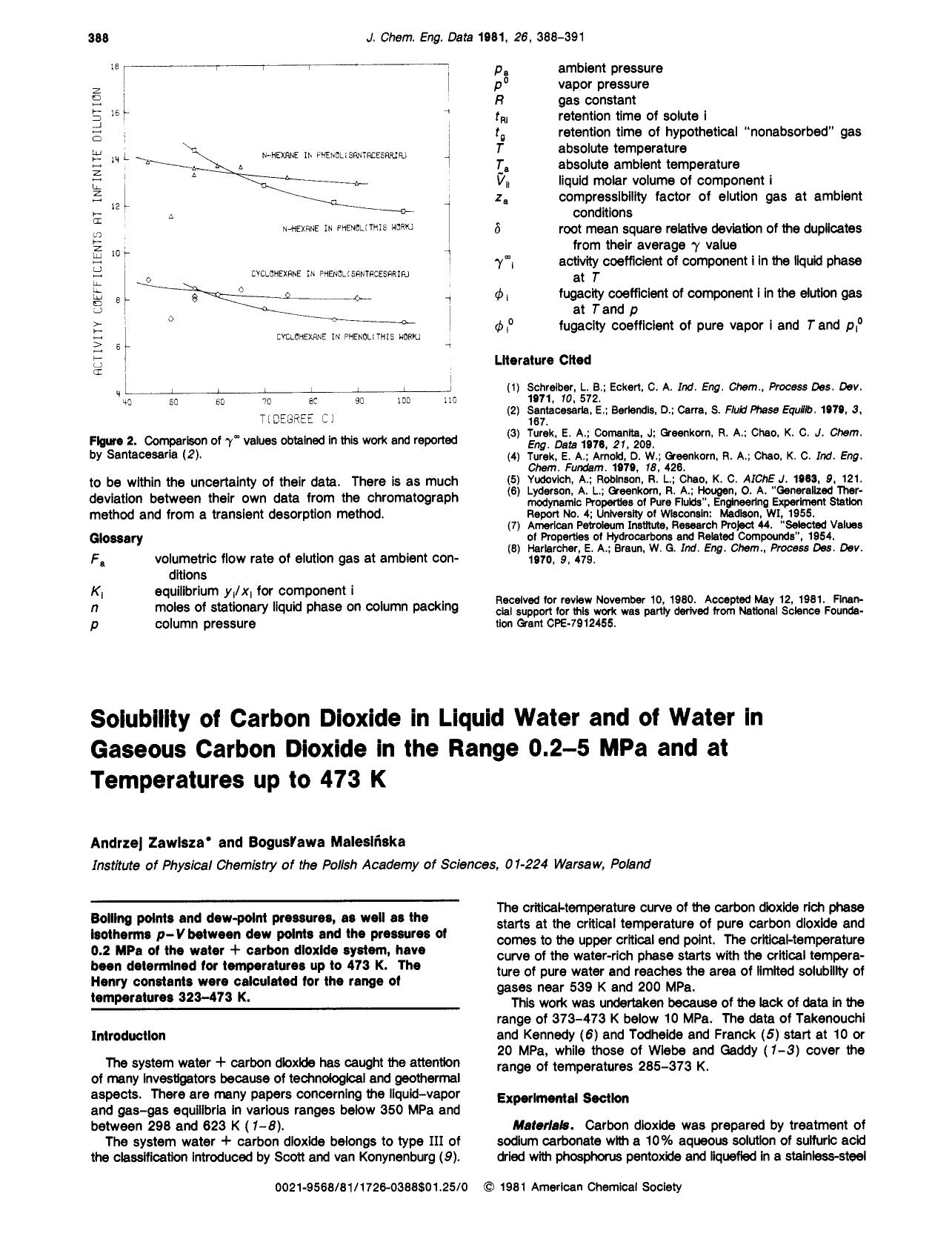 Solubility of carbon dioxide in liquid water and of water in gaseous carbon dioxide in the range 0.2-5 MPa and at temperatures up to 473 K by Andrzej Zawisza Boguslawa Malesinska