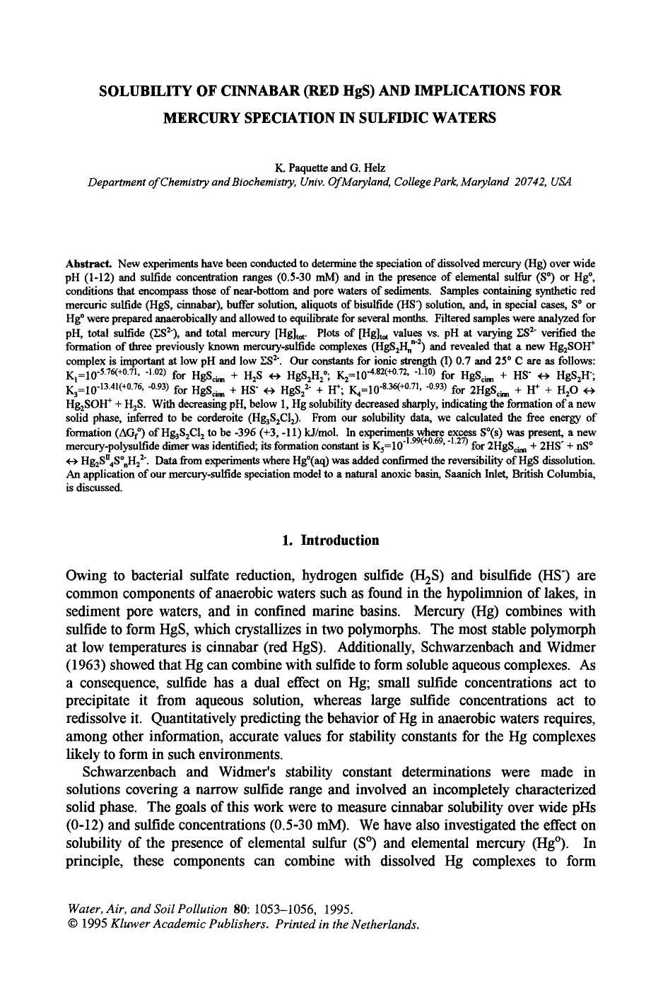 Solubility of cinnabar (red HgS) and implications for mercury speciation in sulfidic waters by Unknown