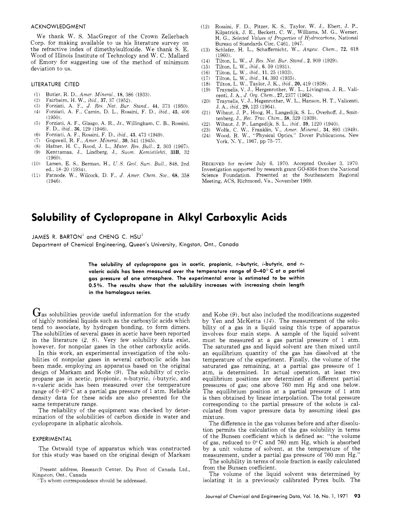 Solubility of cyclopropane in alkyl carboxylic acids by Chen C. Hsu James R. Barton