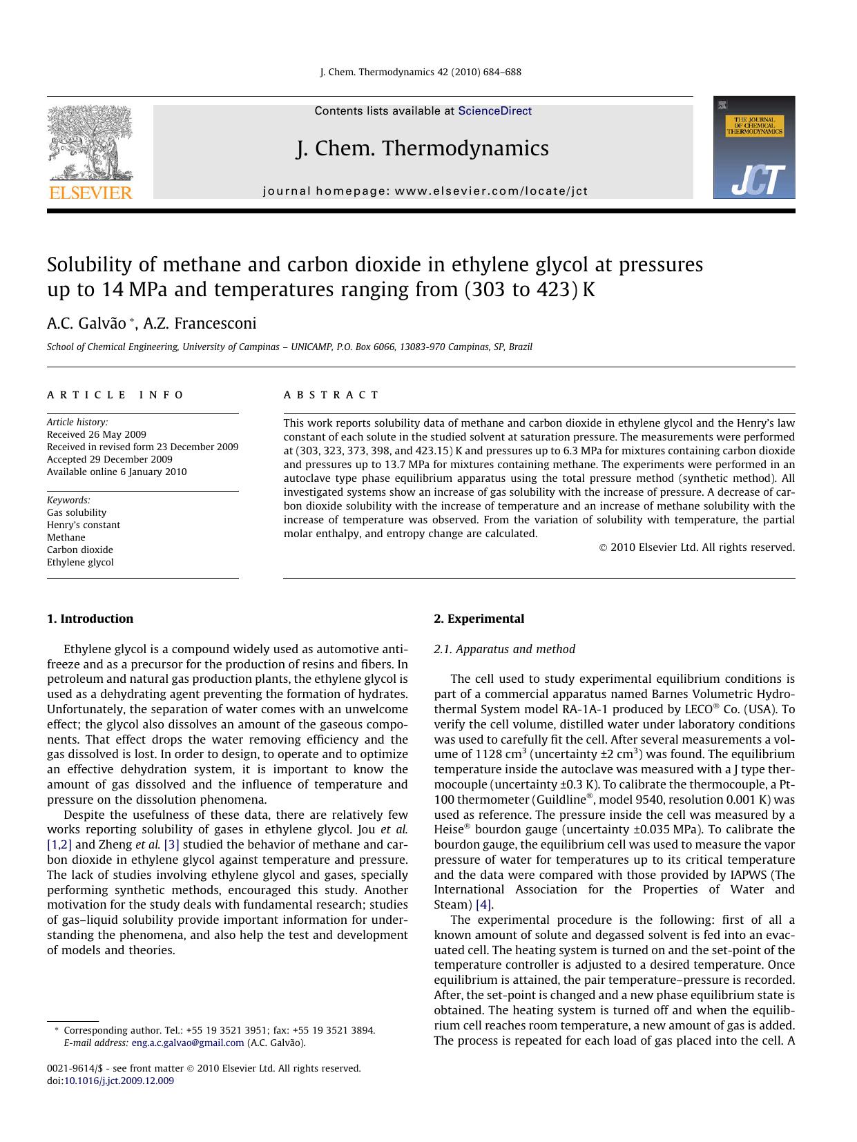 Solubility of methane and carbon dioxide in ethylene glycol at pressures up to 14MPa and temperatures ranging from (303 to 423)K by A.C. Galvão; A.Z. Francesconi