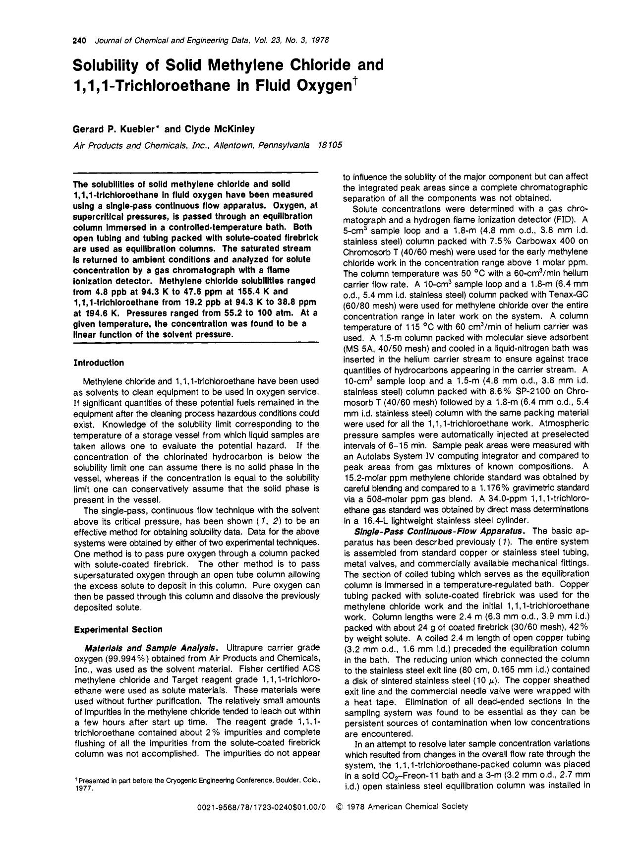 Solubility of solid methylene chloride and 1,1,1-trichloroethane in fluid oxygen by Gerard P. Kuebler Clyde McKinley