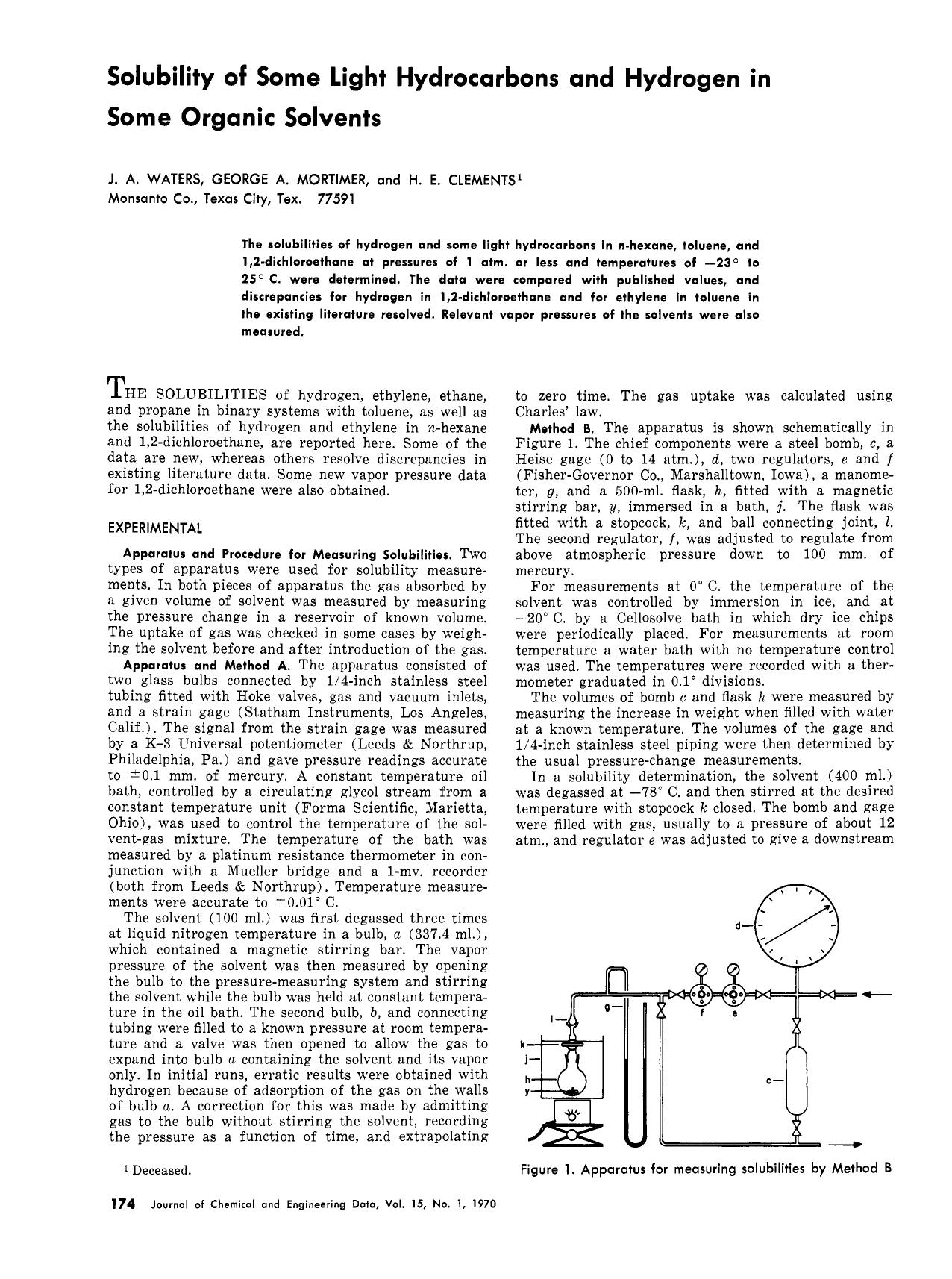 Solubility of some light hydrocarbons and hydrogen in some organic solvents by John A. Waters George A. Mortimer H. E. Clements