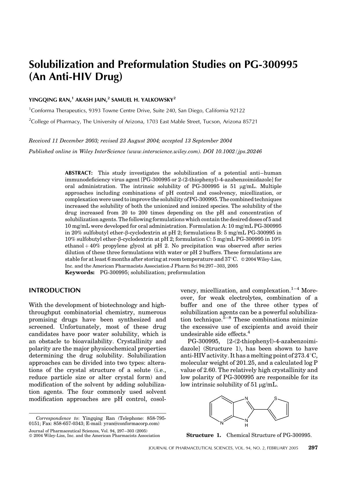 Solubilization and preformulation studies on PG-300995 (an anti-HIV drug) by Unknown