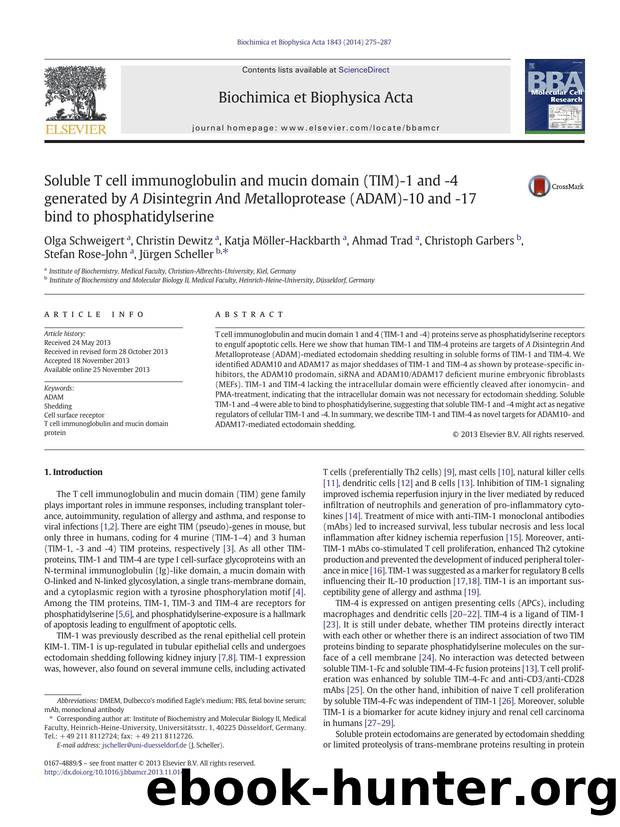 Soluble T cell immunoglobulin and mucin domain (TIM)-1 and -4 generated by A Disintegrin And Metalloprotease (ADAM)-10 and -17 bind to phosphatidylserine by unknow
