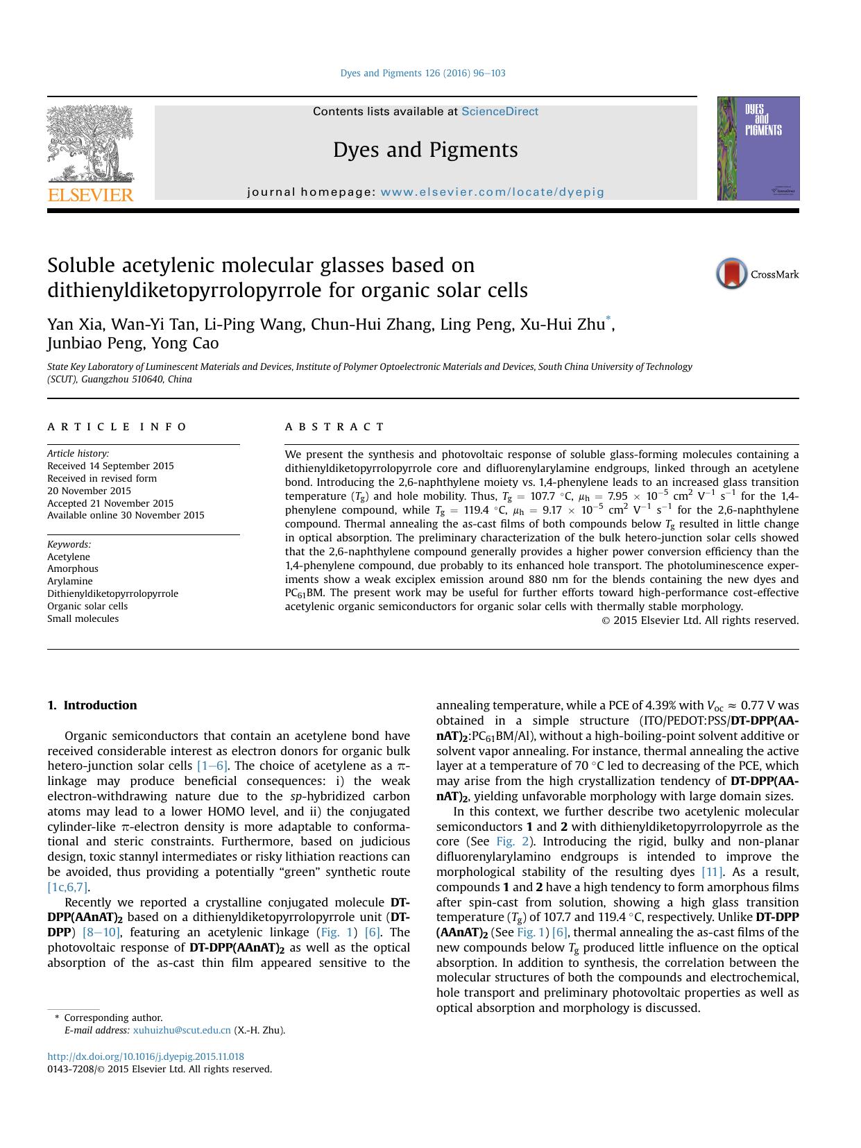 Soluble acetylenic molecular glasses based on dithienyldiketopyrrolopyrrole for organic solar cells by unknow